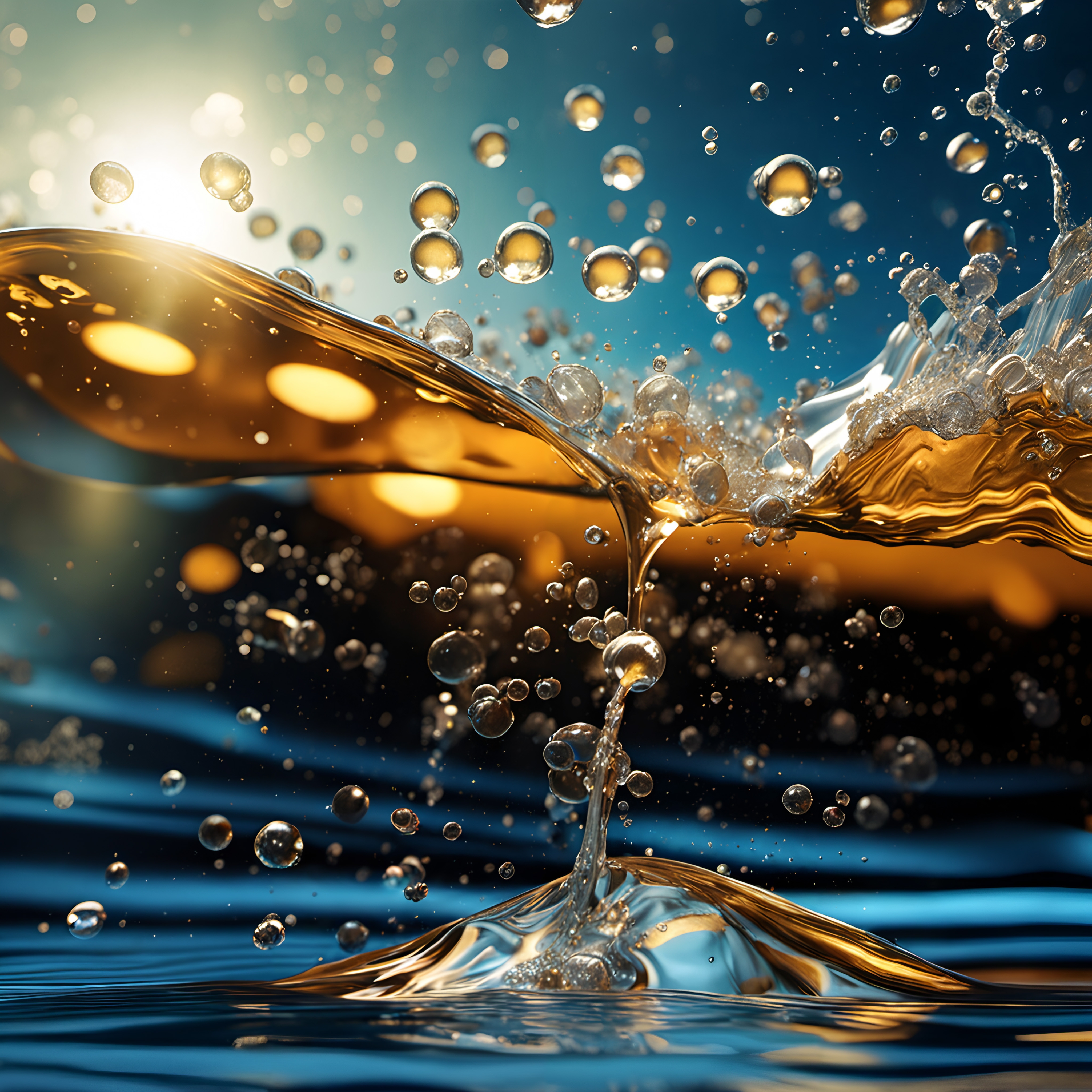 Vibrant golden liquid with suspended droplets.