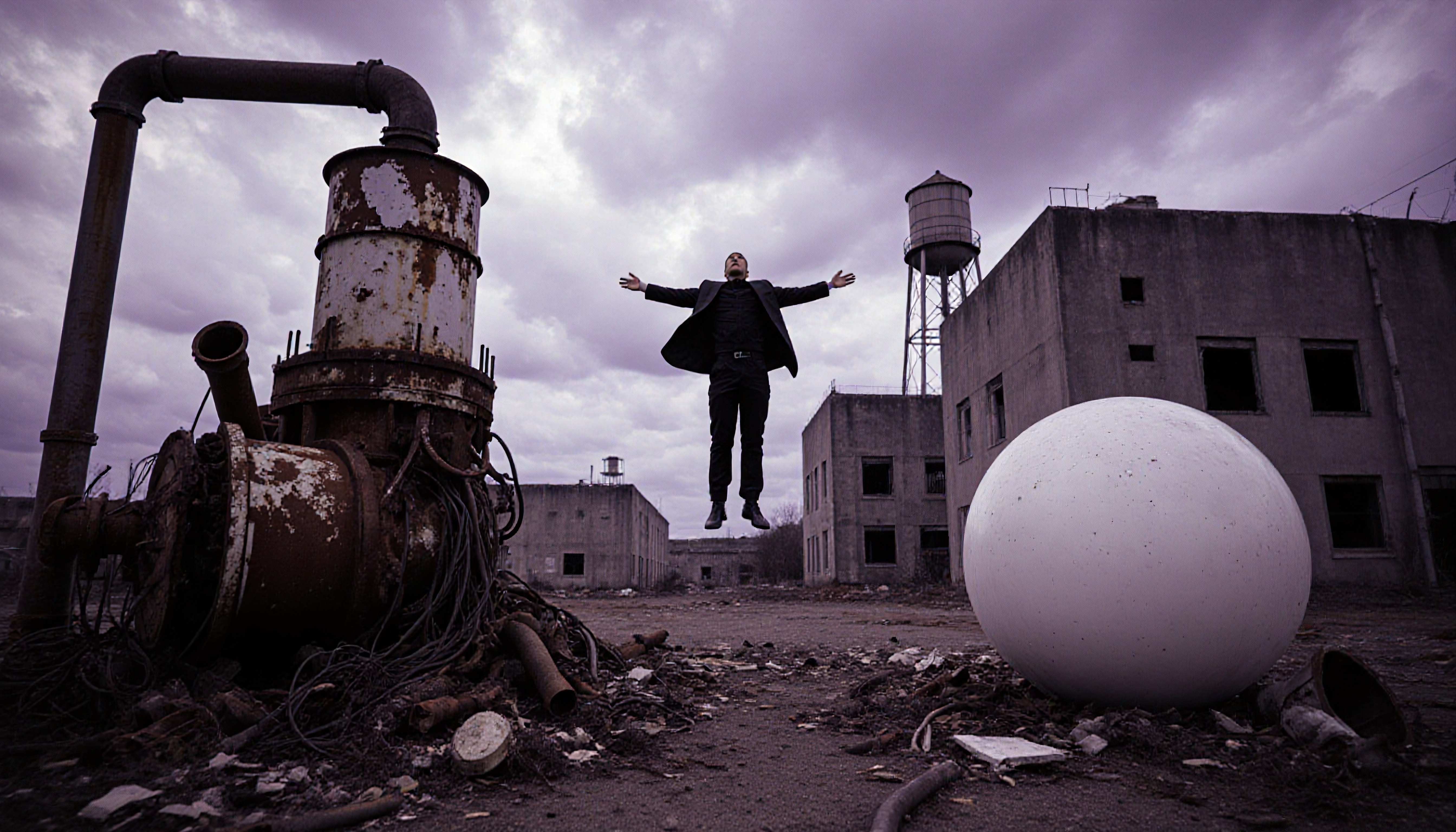 Floating Man in Abandoned Industrial Zone with Large Sphere