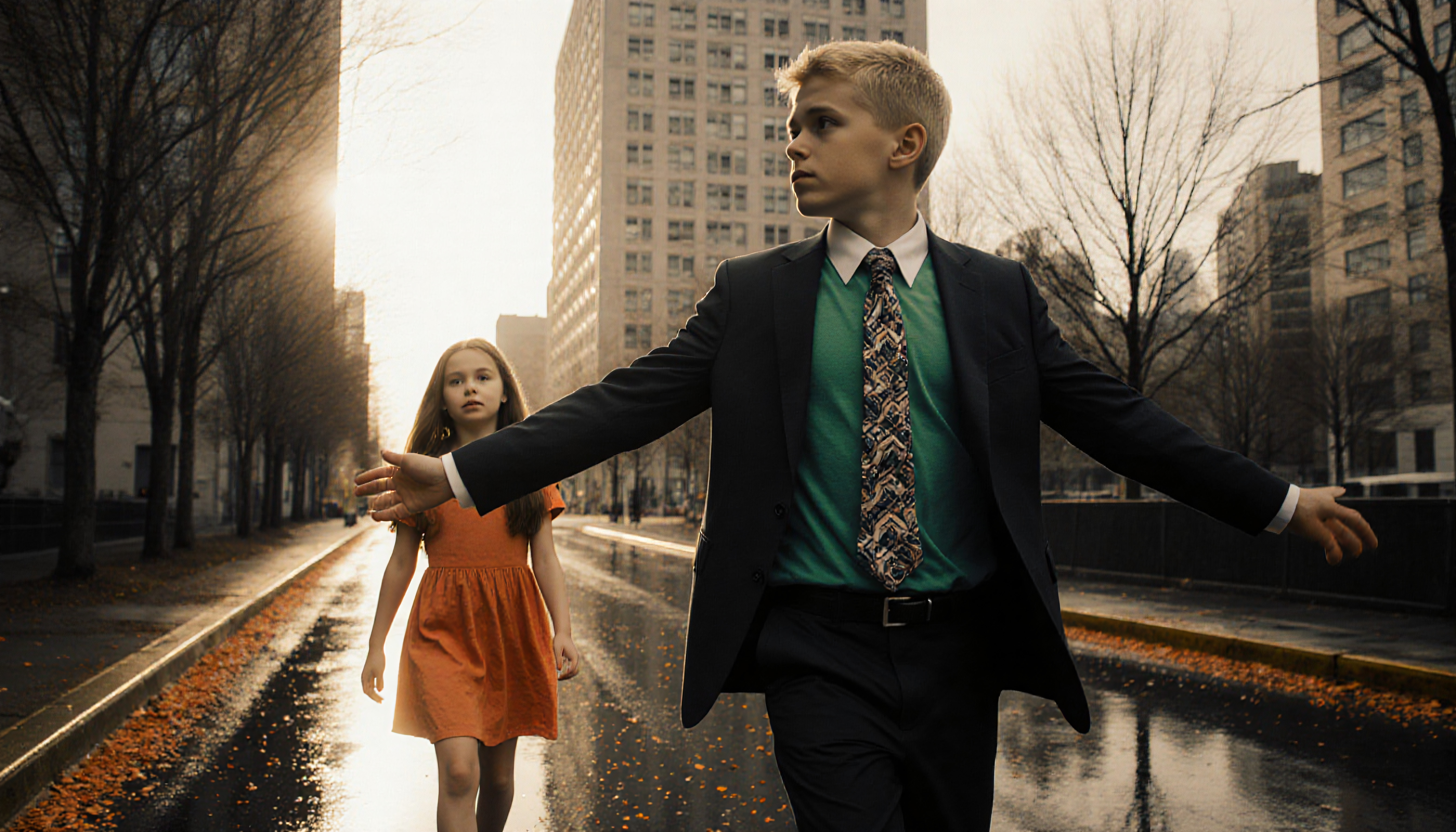 Urban Autumn Street Scene: Boy in Suit and Girl in Orange Dress
