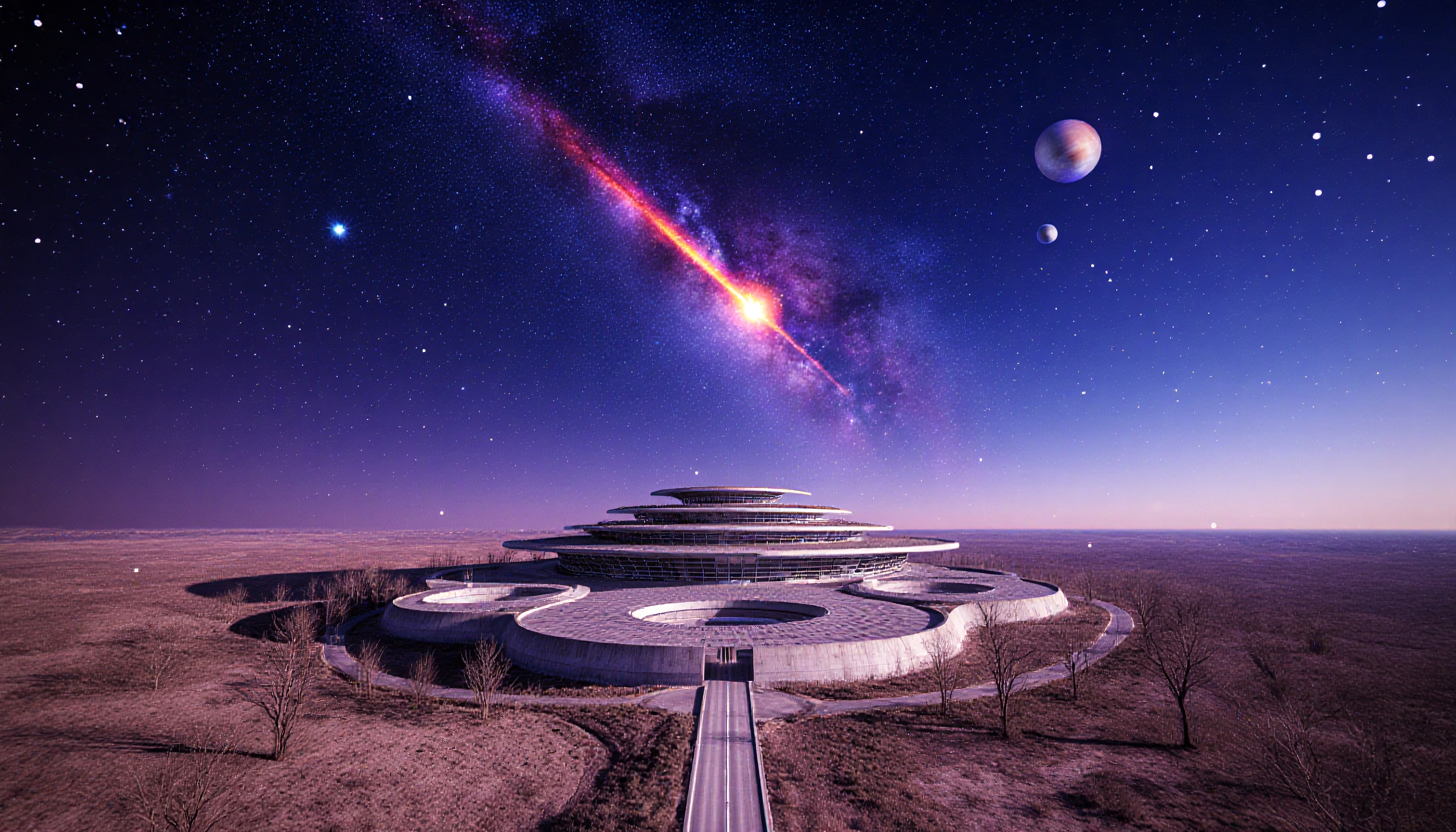 Futuristic building under starry sky, surrounded by barren landscape with galaxy and planets visible above.