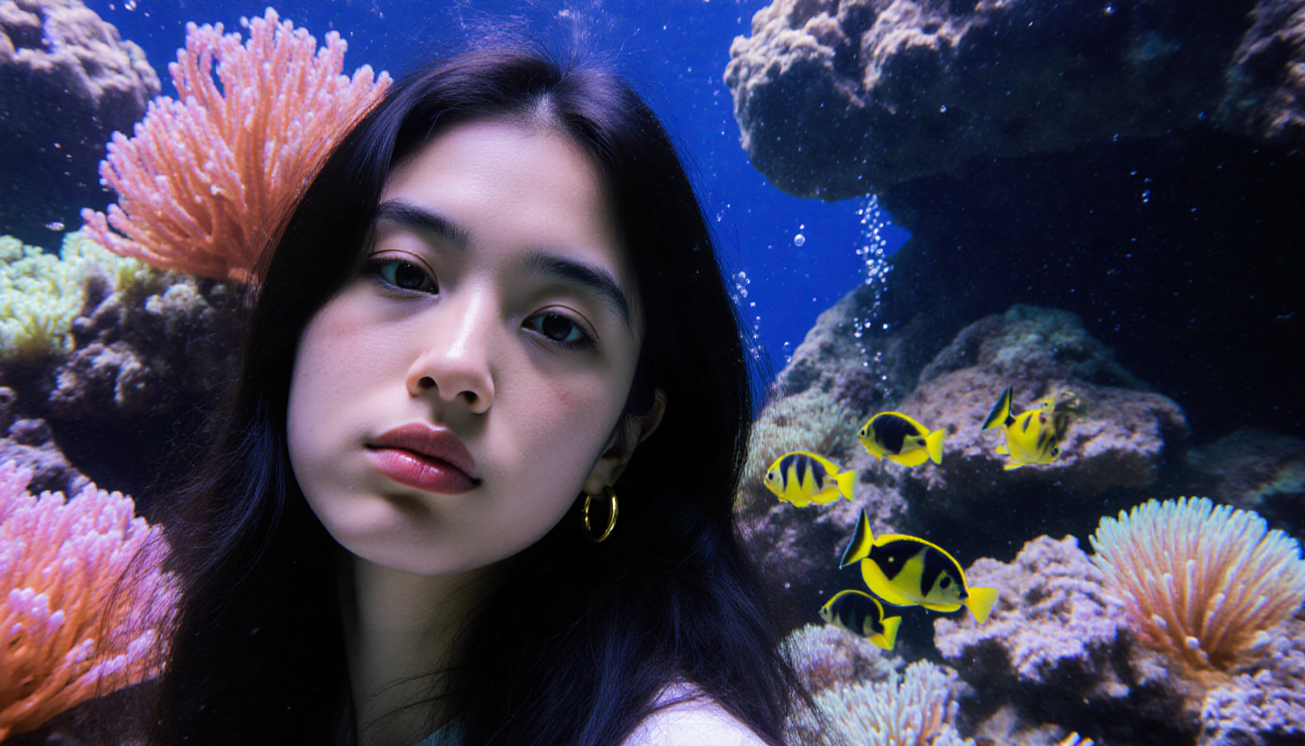 Young woman in an underwater scene with coral and fish.