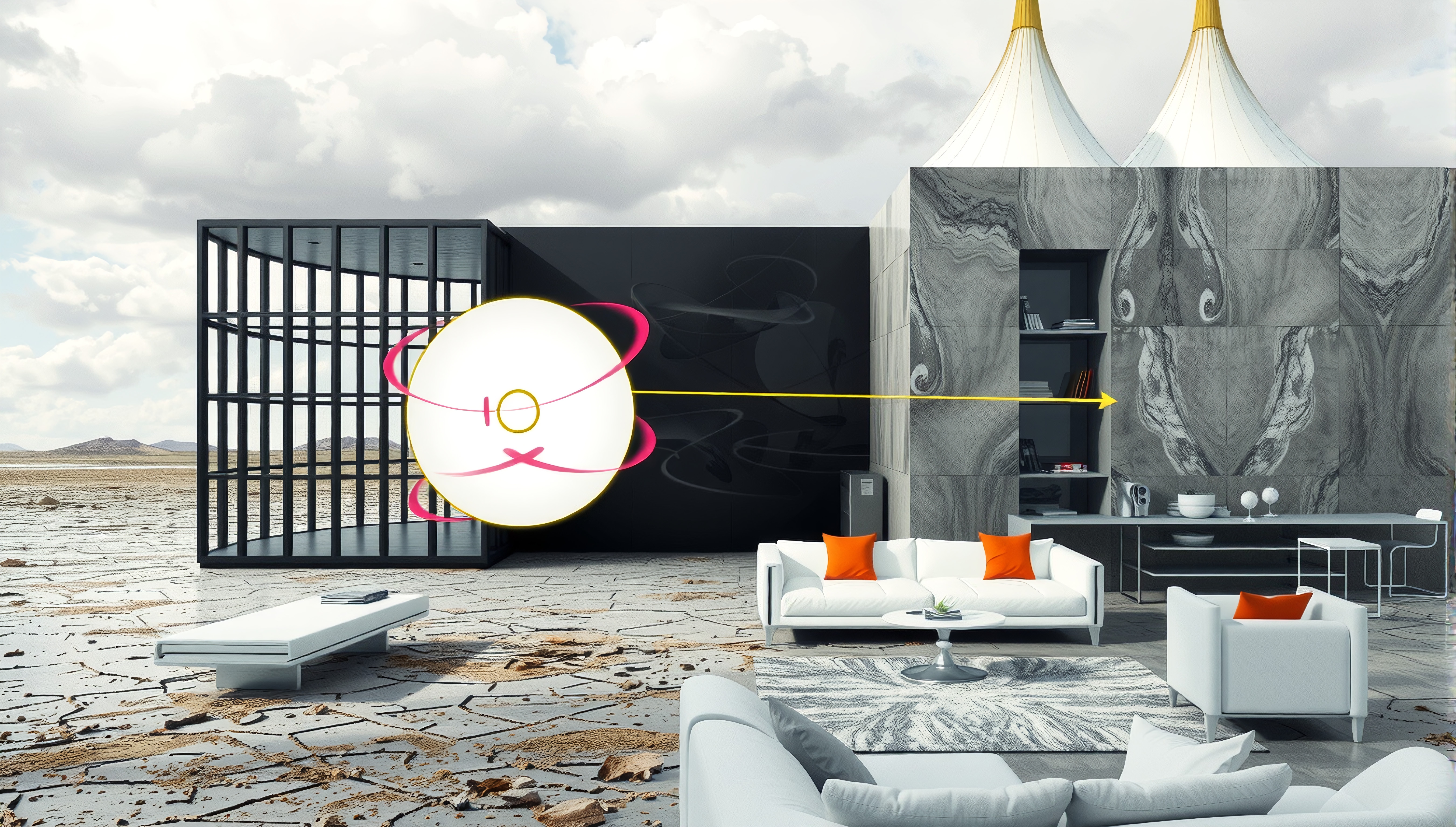 A modern interior with futuristic elements and surreal landscape setting.