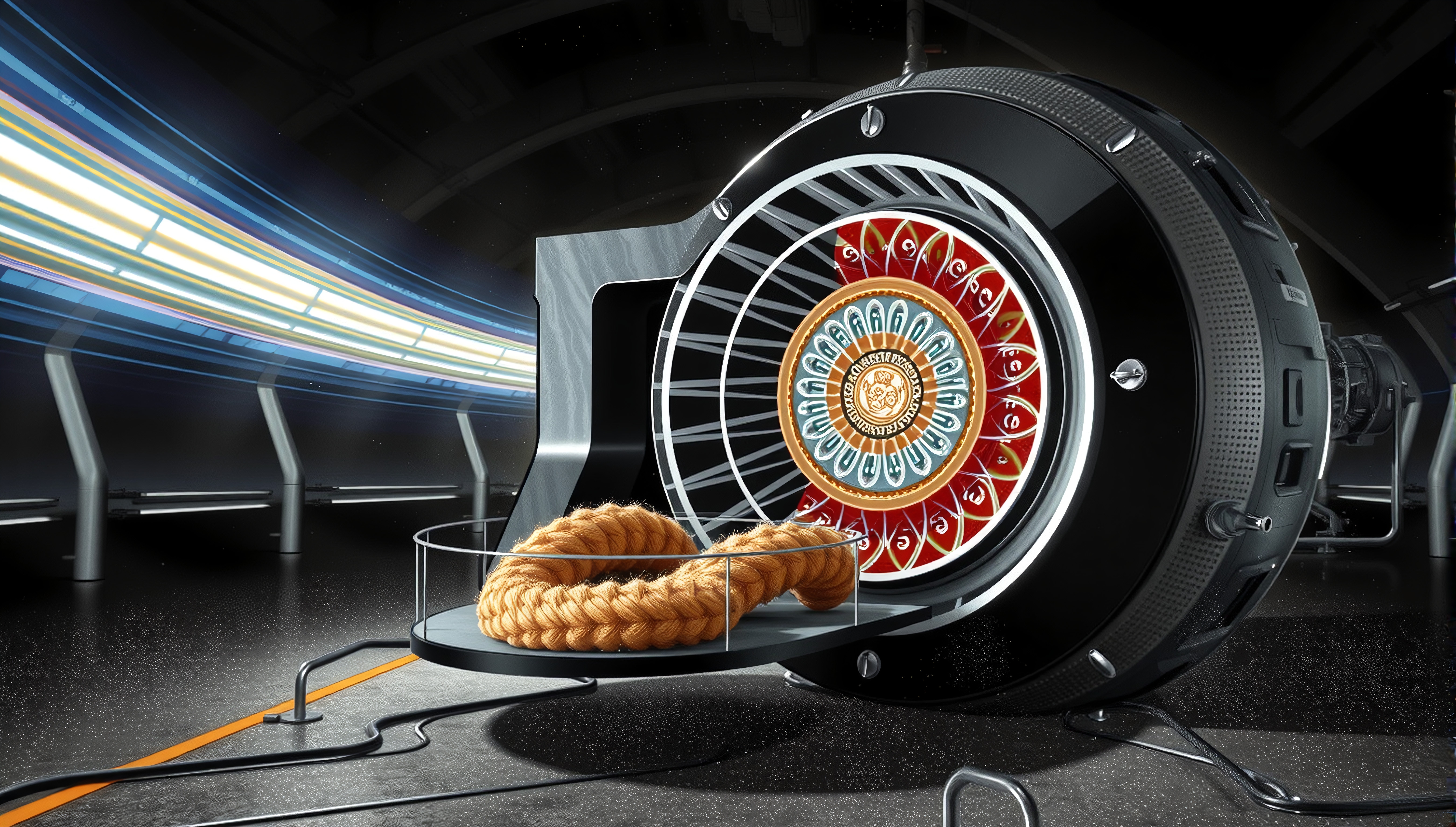 Futuristic device with circular design and vibrant colors in a modern setting.