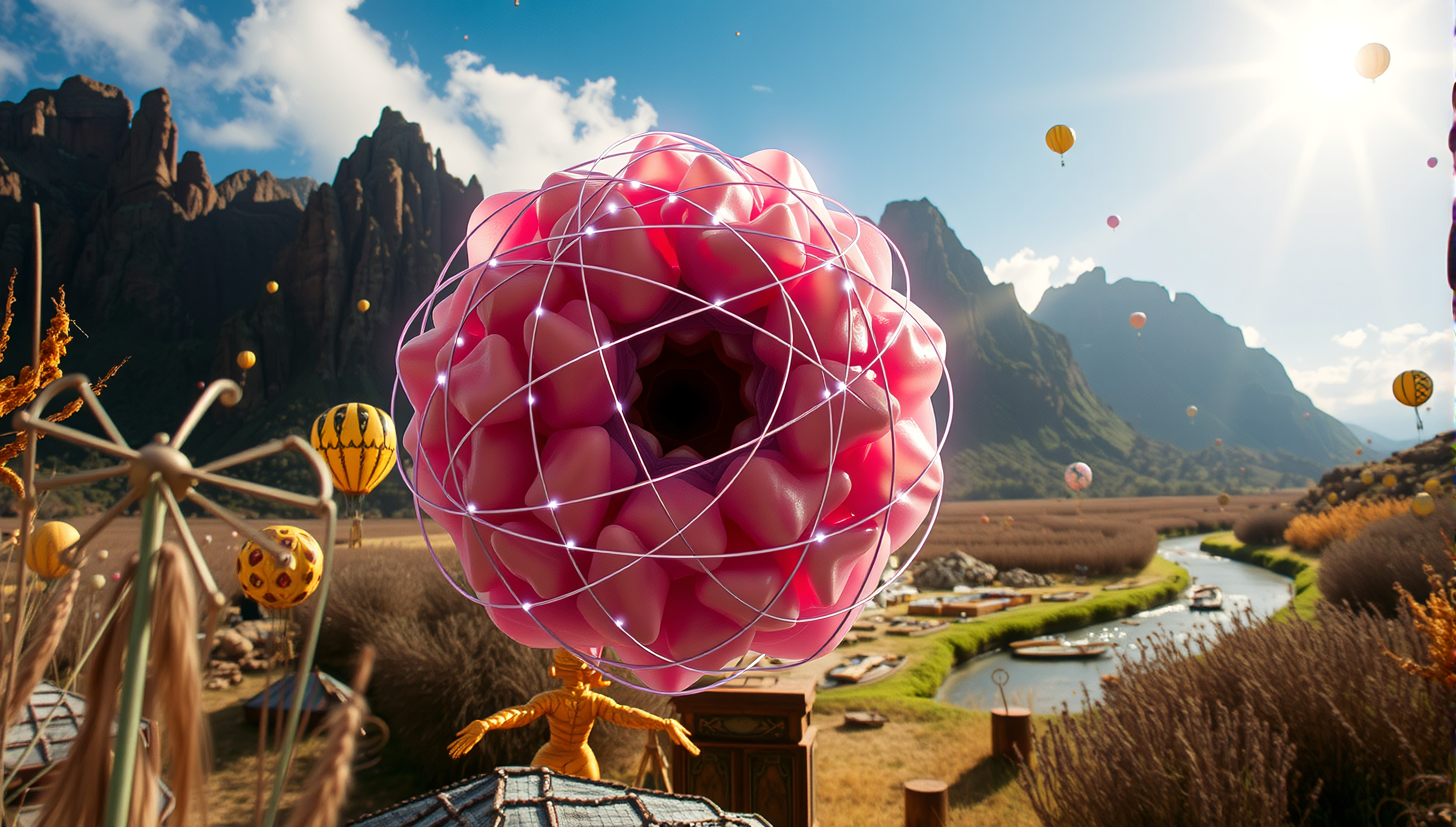 urreal 3D pink torus structure in vibrant mountain valley with hot air balloons, river, and whimsical digital art scene
