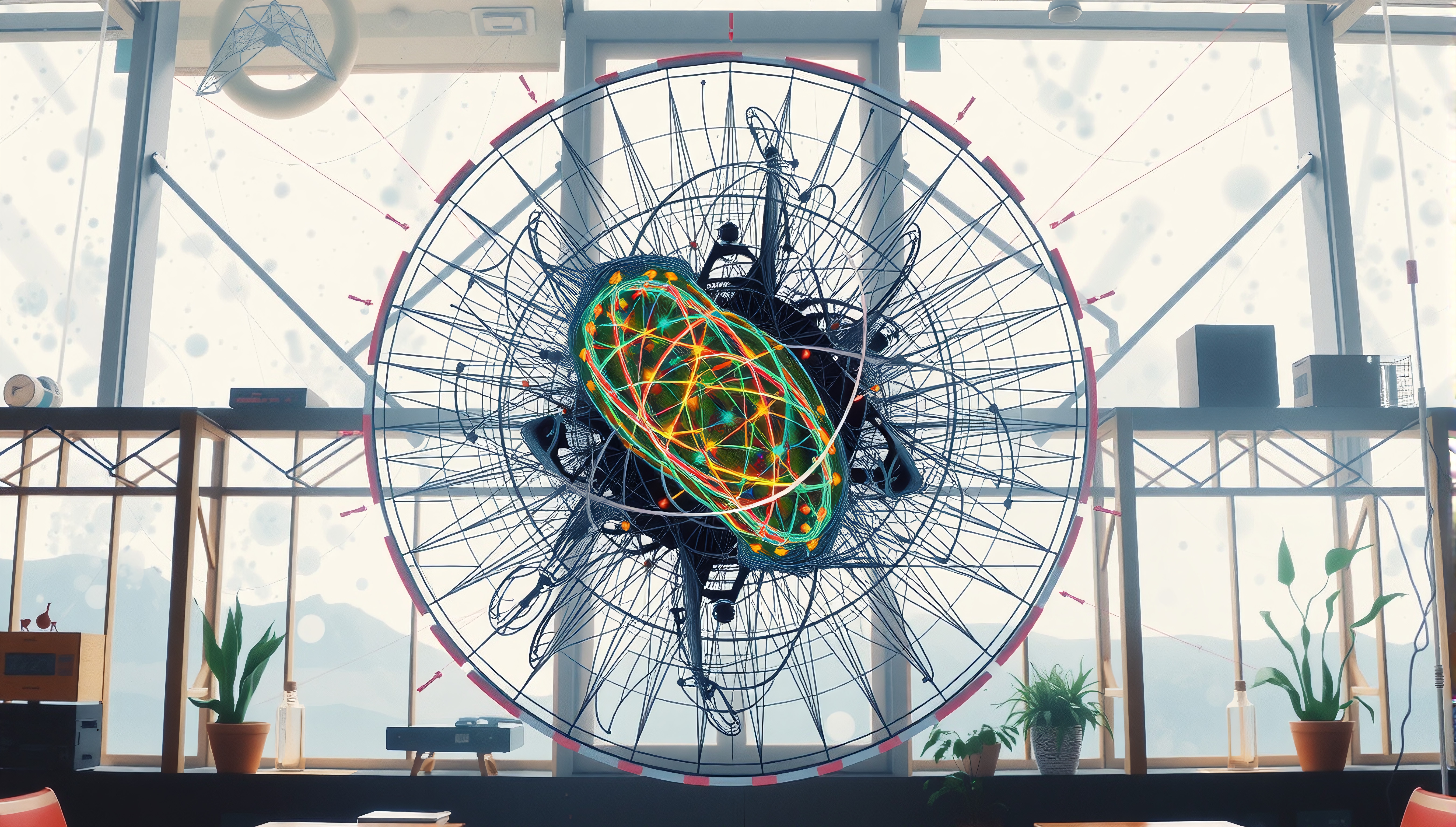 Futuristic spherical sculpture with intricate neon design in modern room.