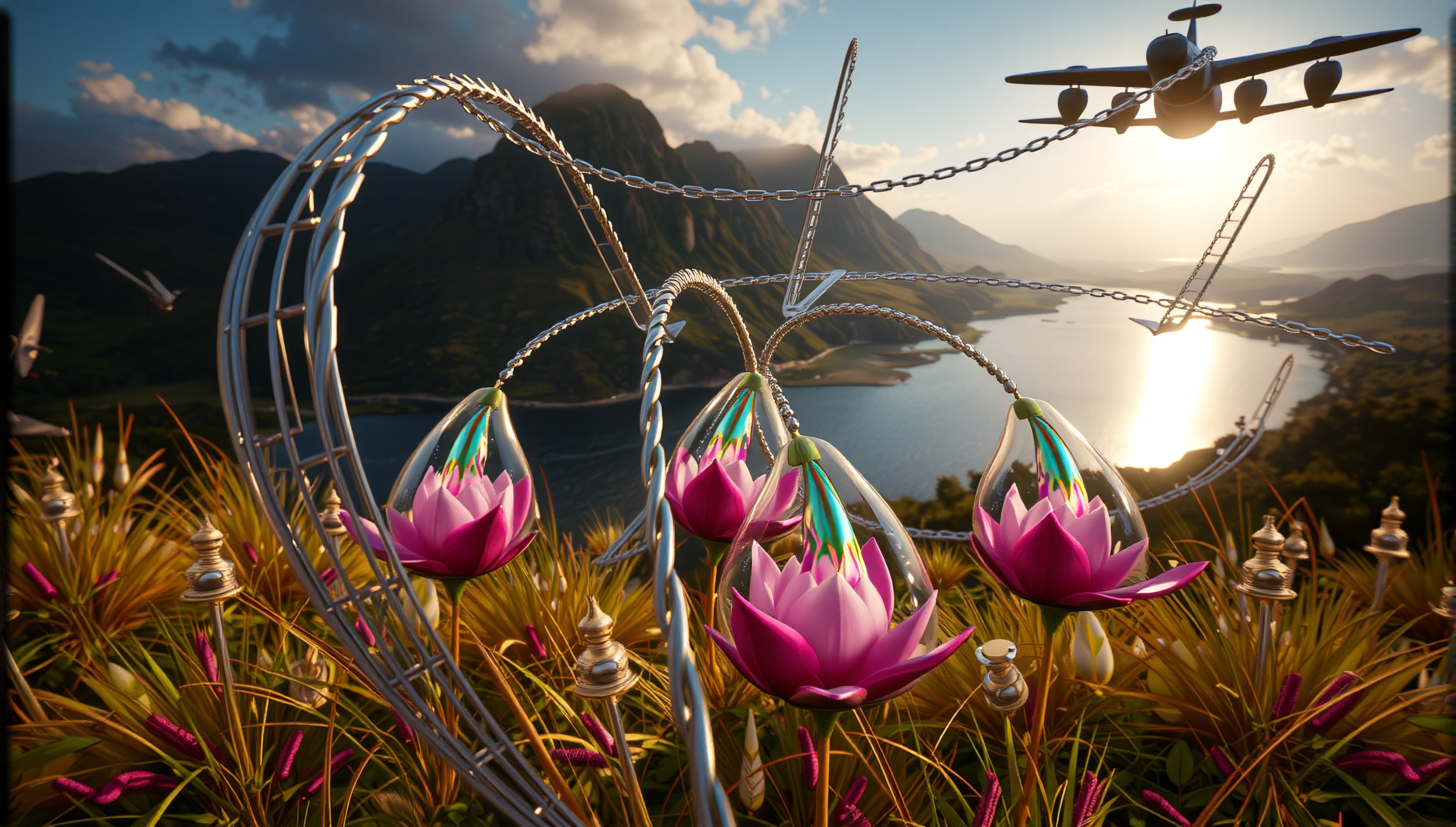 A surreal landscape with futuristic structures featuring pink lotus flowers and a golden sunset over a tranquil lake.