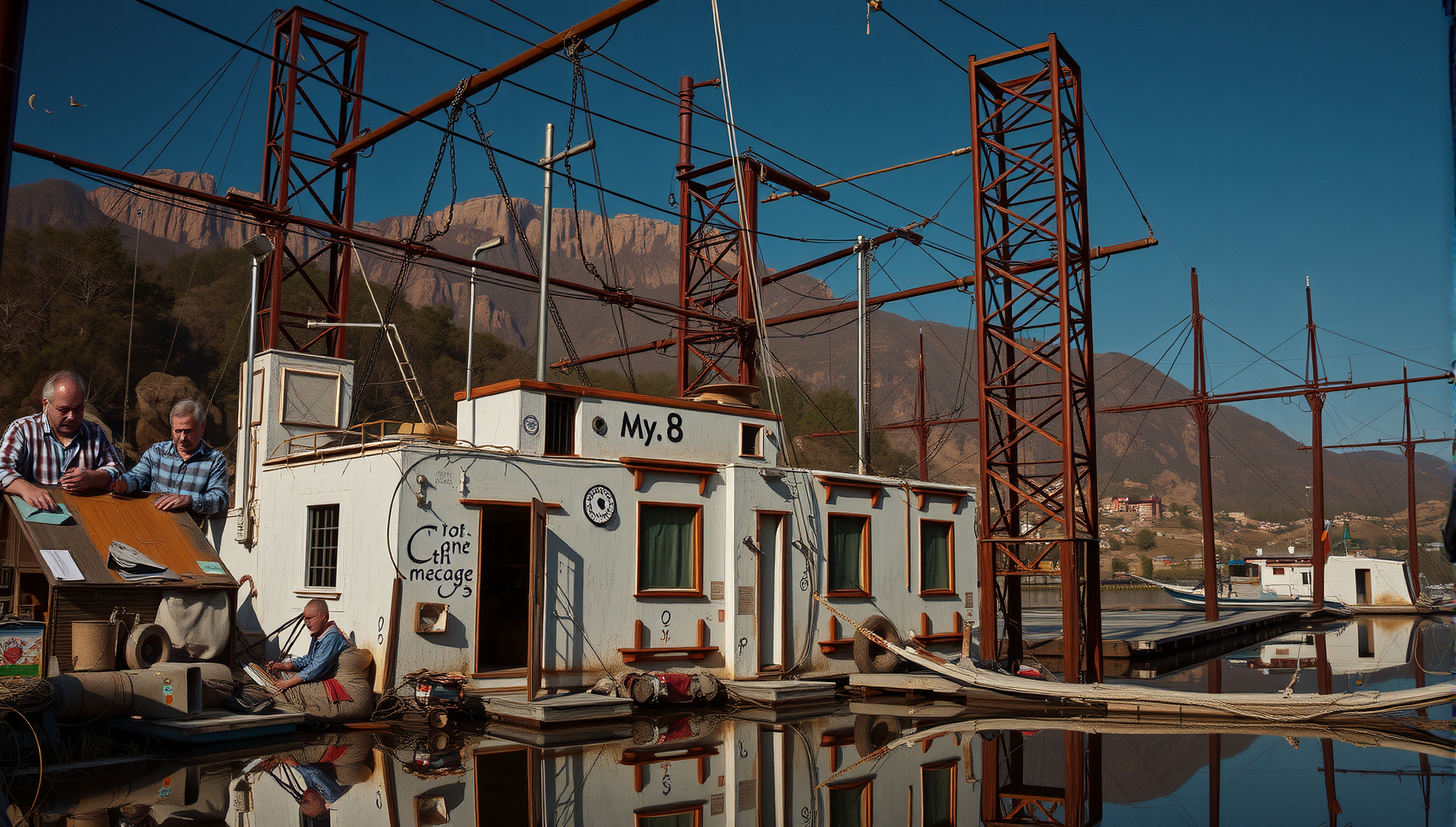 A white houseboat named "My.8" floats on calm water, with two men working, set against a mountain backdrop.