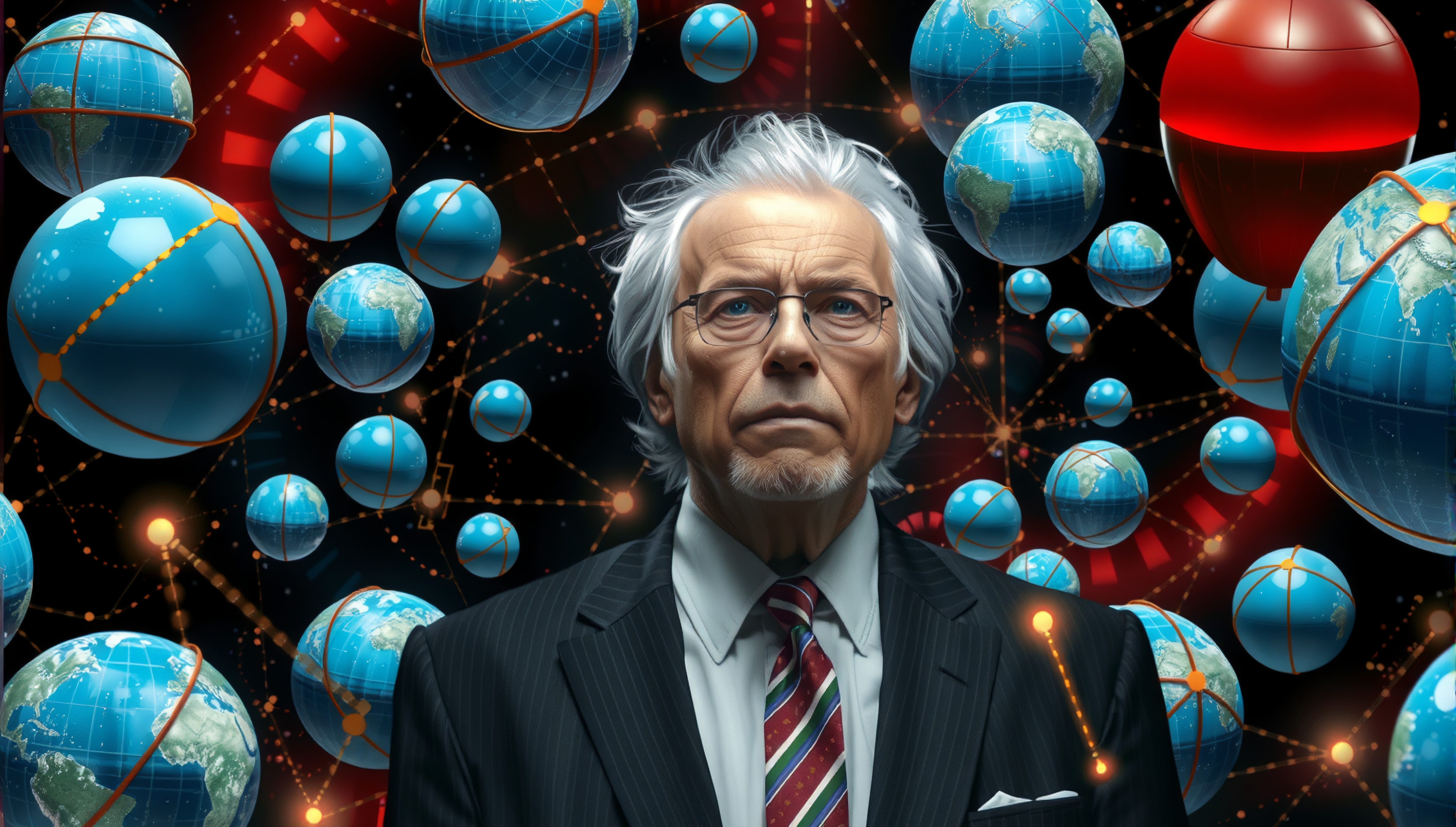 An elderly man in a suit stands among floating digital globes, symbolizing global connectivity and futuristic insight.