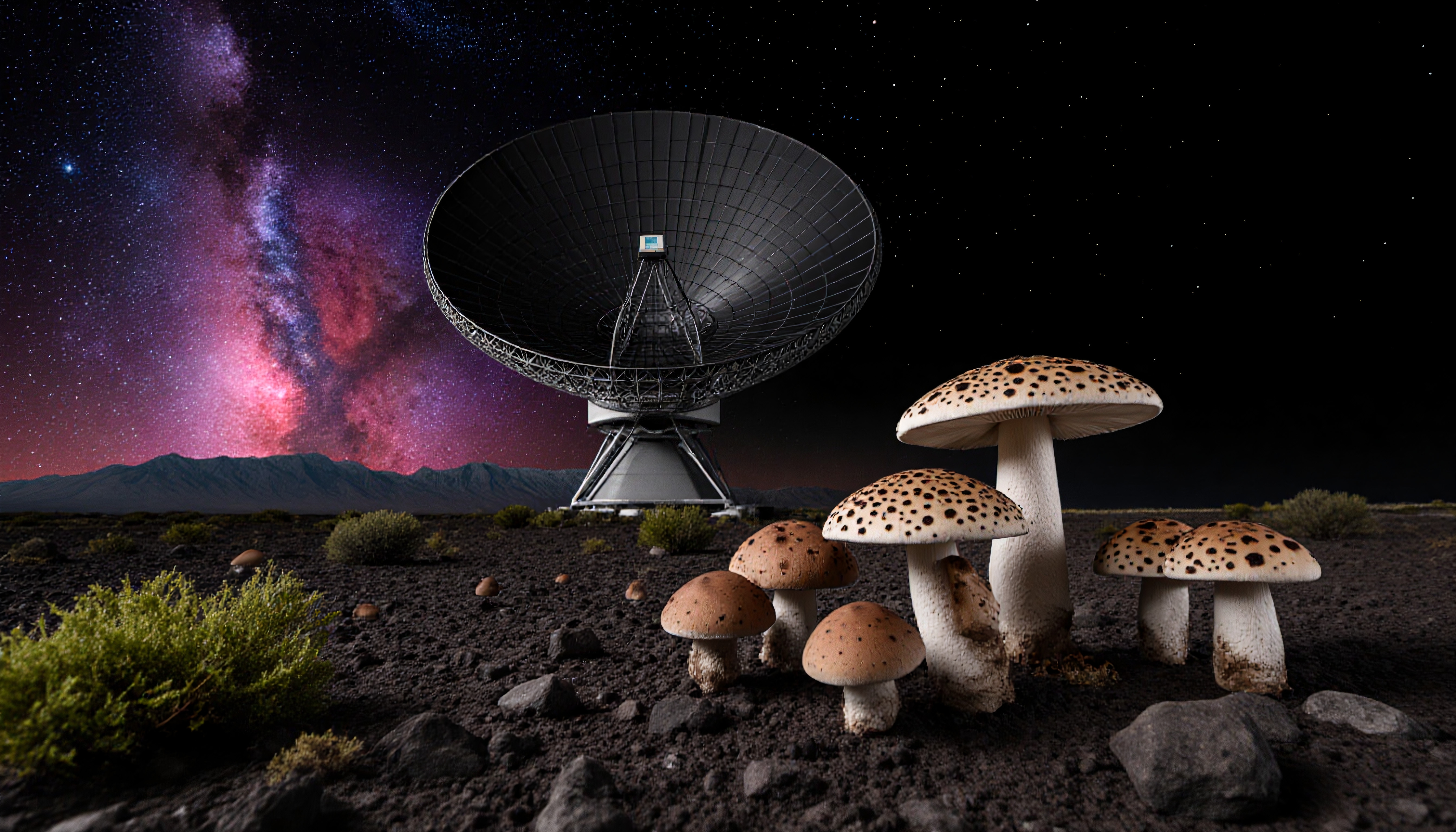 A large radio telescope under the colorful Milky Way with mushrooms in the foreground.