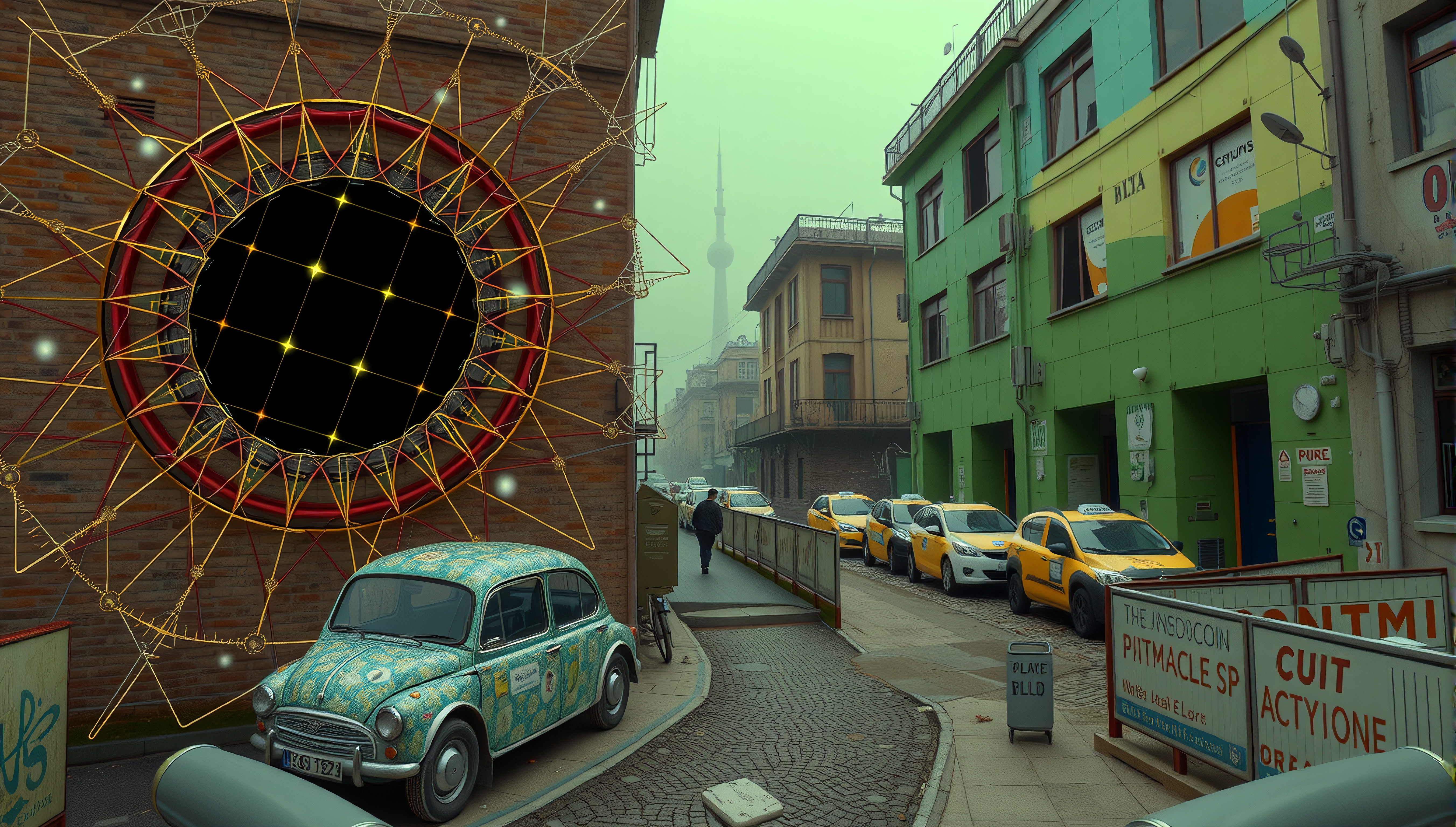 Urban street with art installation and taxis in a foggy cityscape.