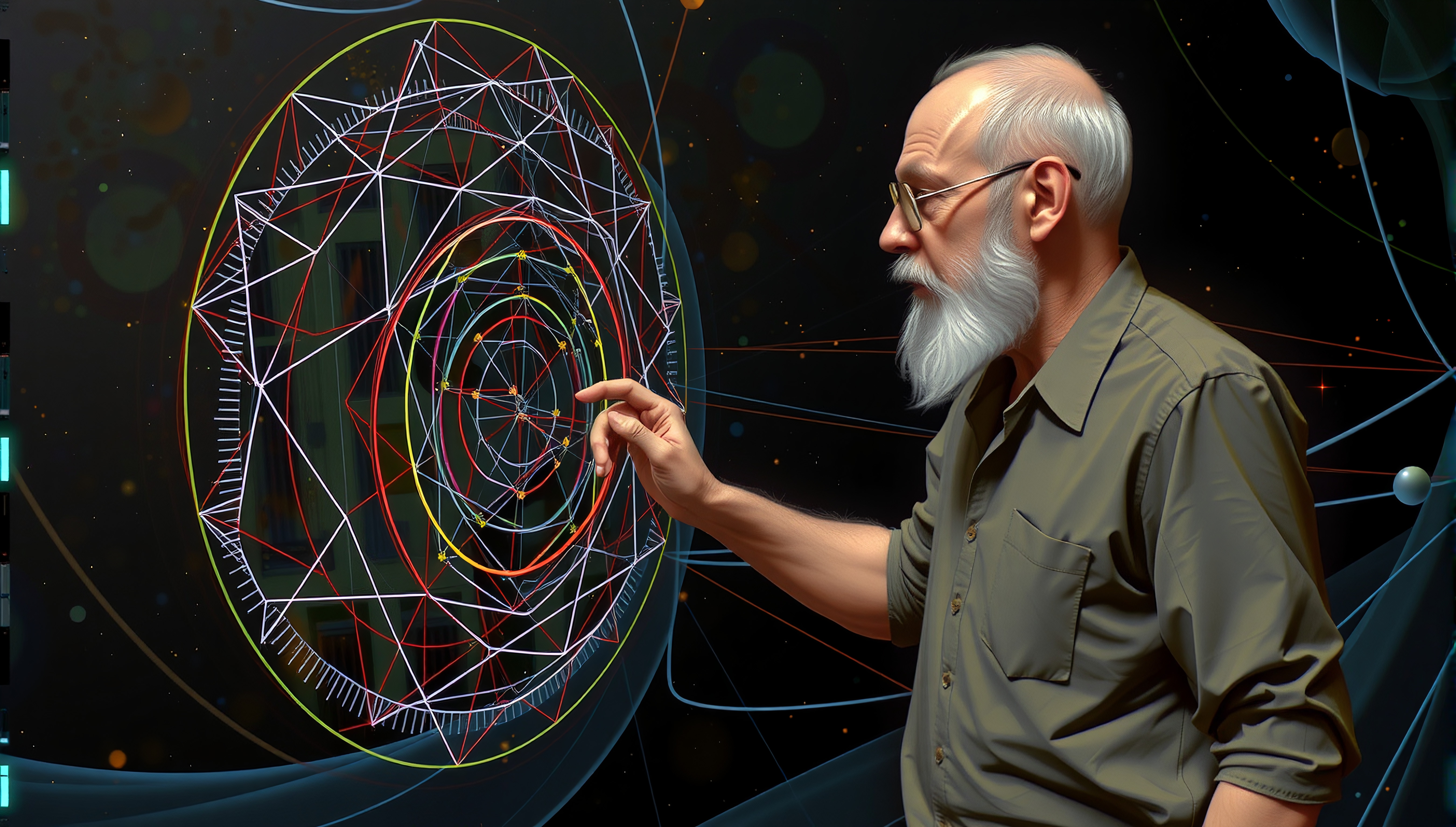 A man interacts with futuristic geometric screen patterns.