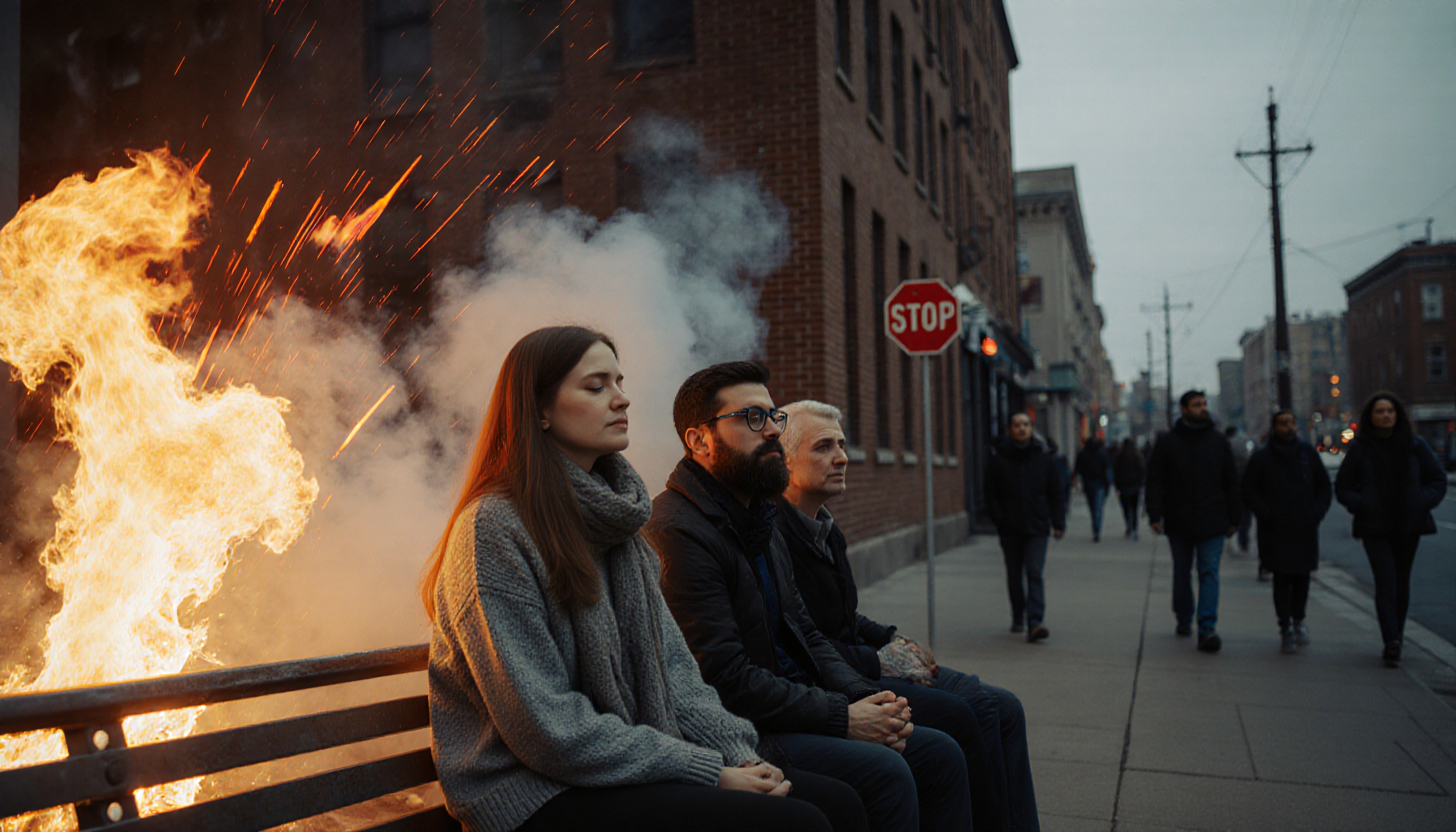 Three people sit calmly on a bench beside a roaring fire in an urban street scene.