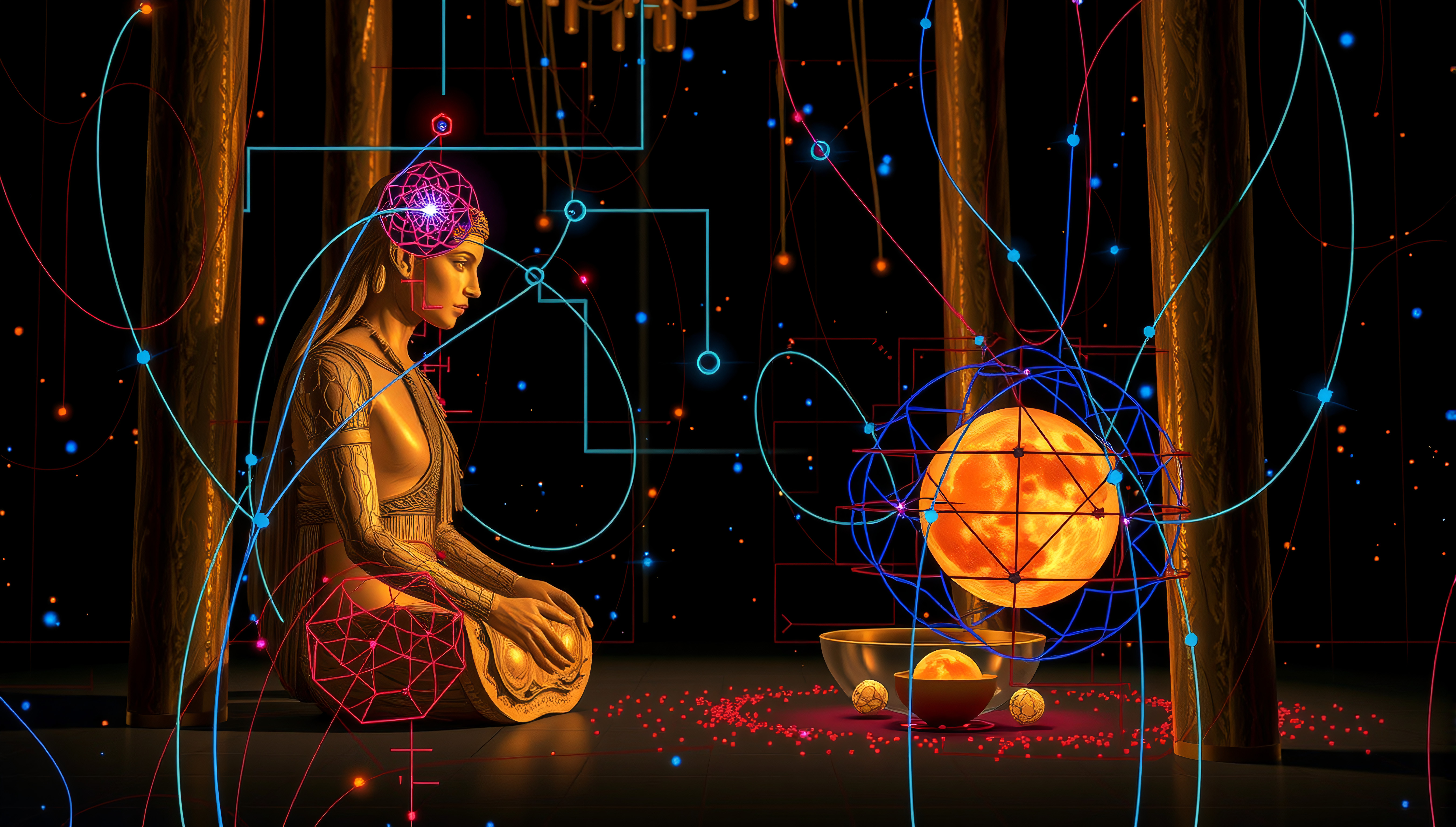 Golden Meditative Figure with Cosmic Geometry and Sun