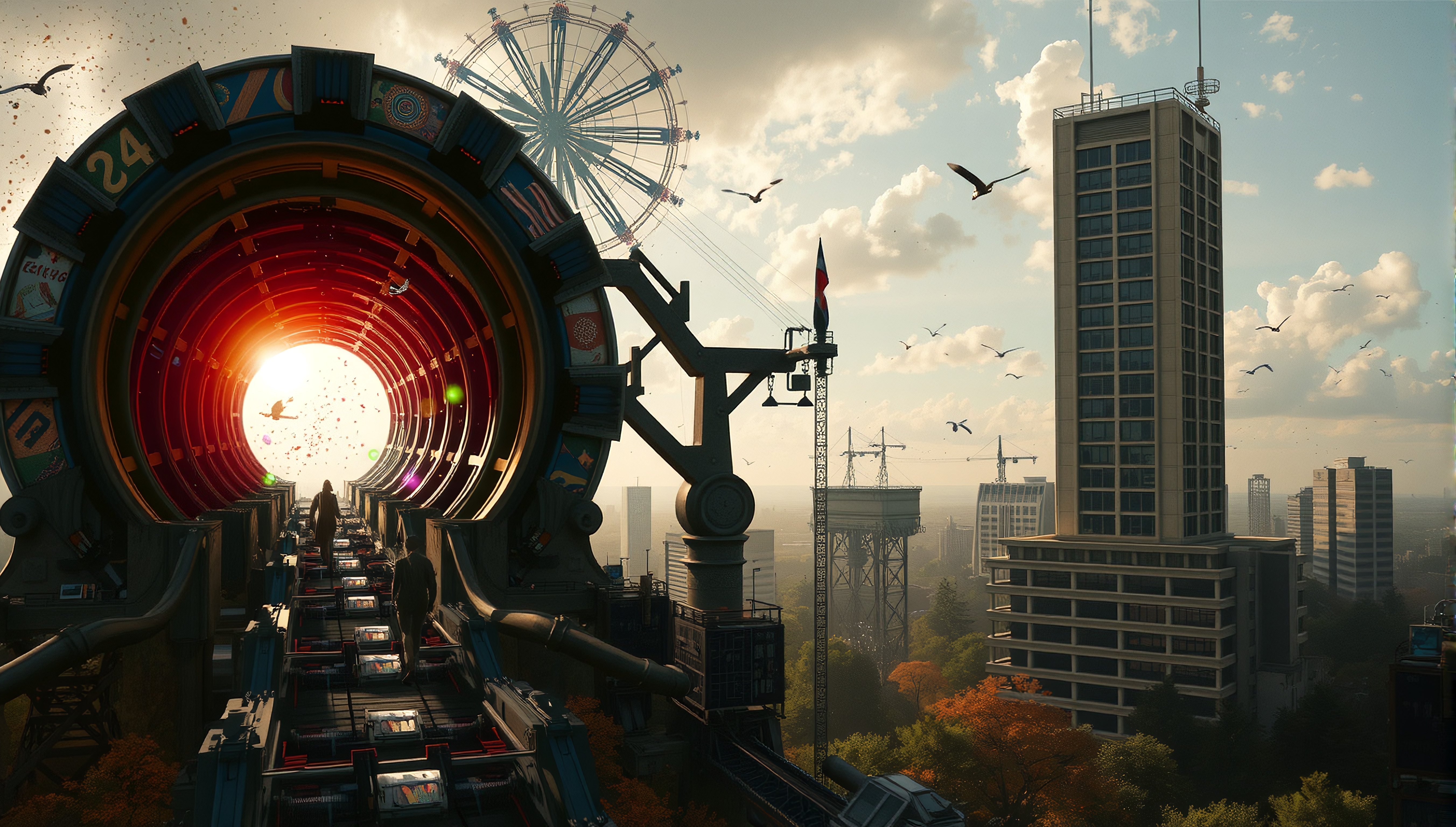 Futuristic cityscape with glowing tunnel structure, skyscraper, Ferris wheel, and vibrant autumn trees.