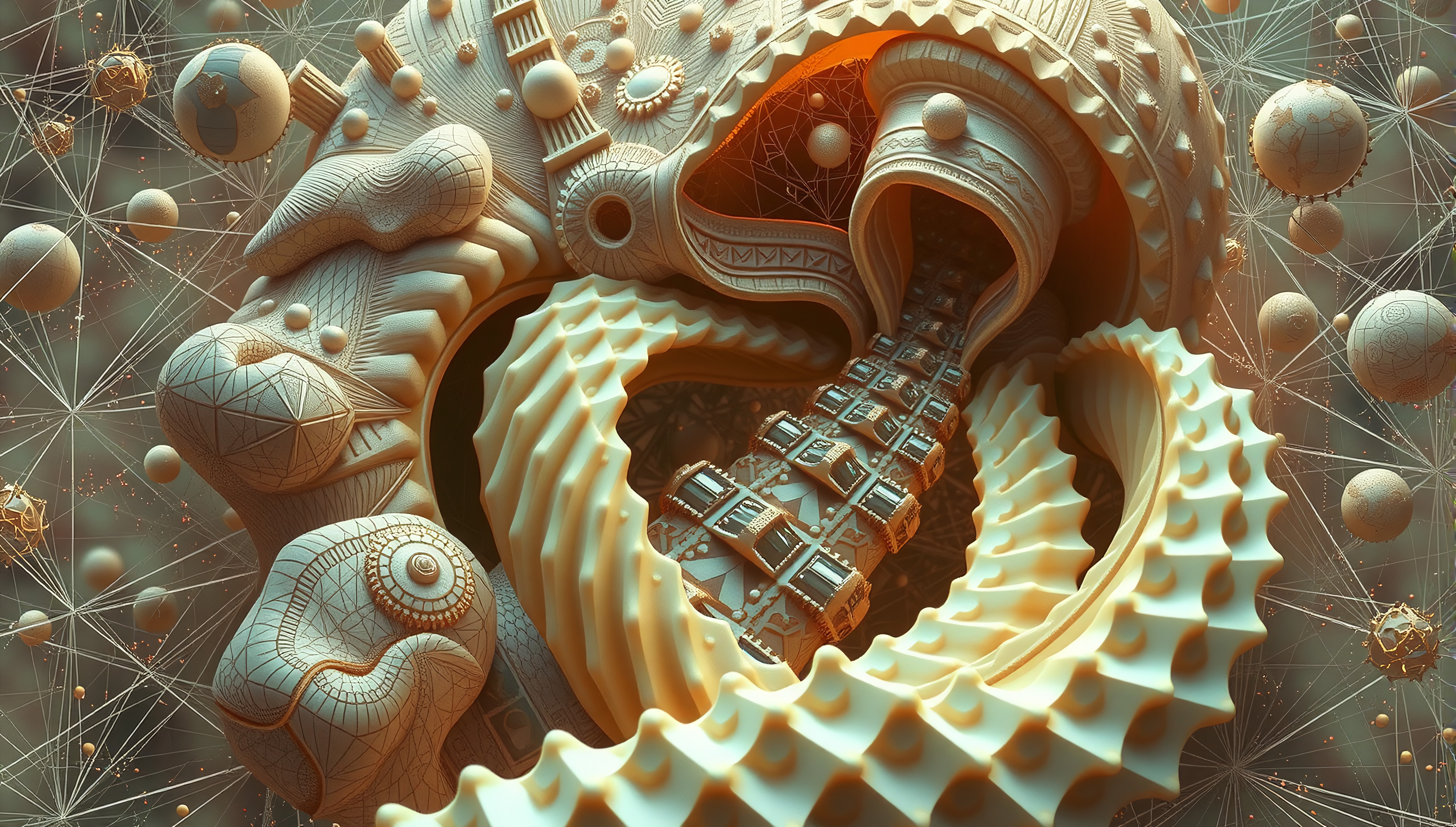 Intricate swirling structure with interconnected spherical shapes and geometric patterns, showcasing a futuristic or alien artifact.