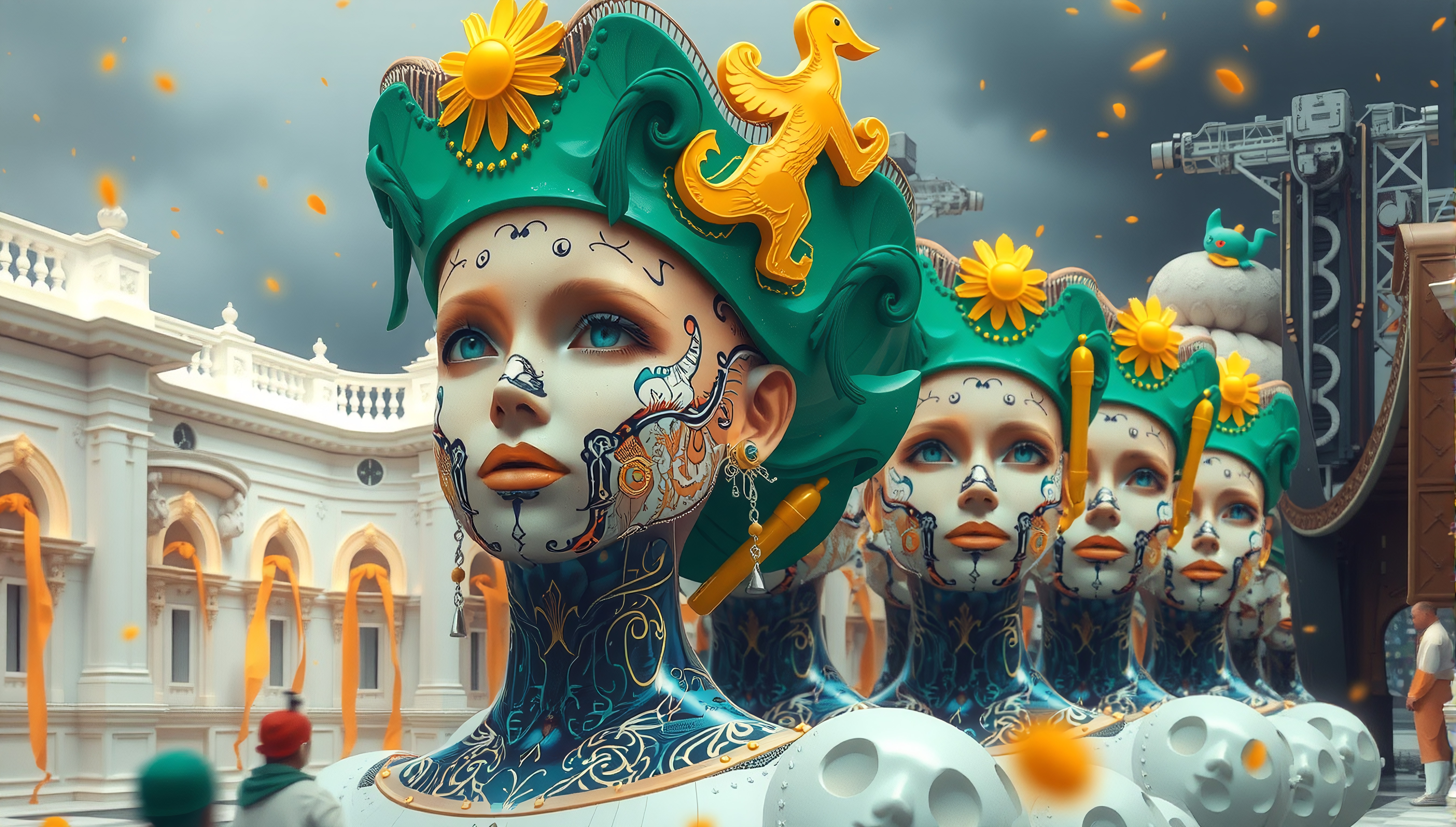 A surreal parade of futuristic humanoid figures with ornate headpieces in a blend of classical and sci-fi architecture.