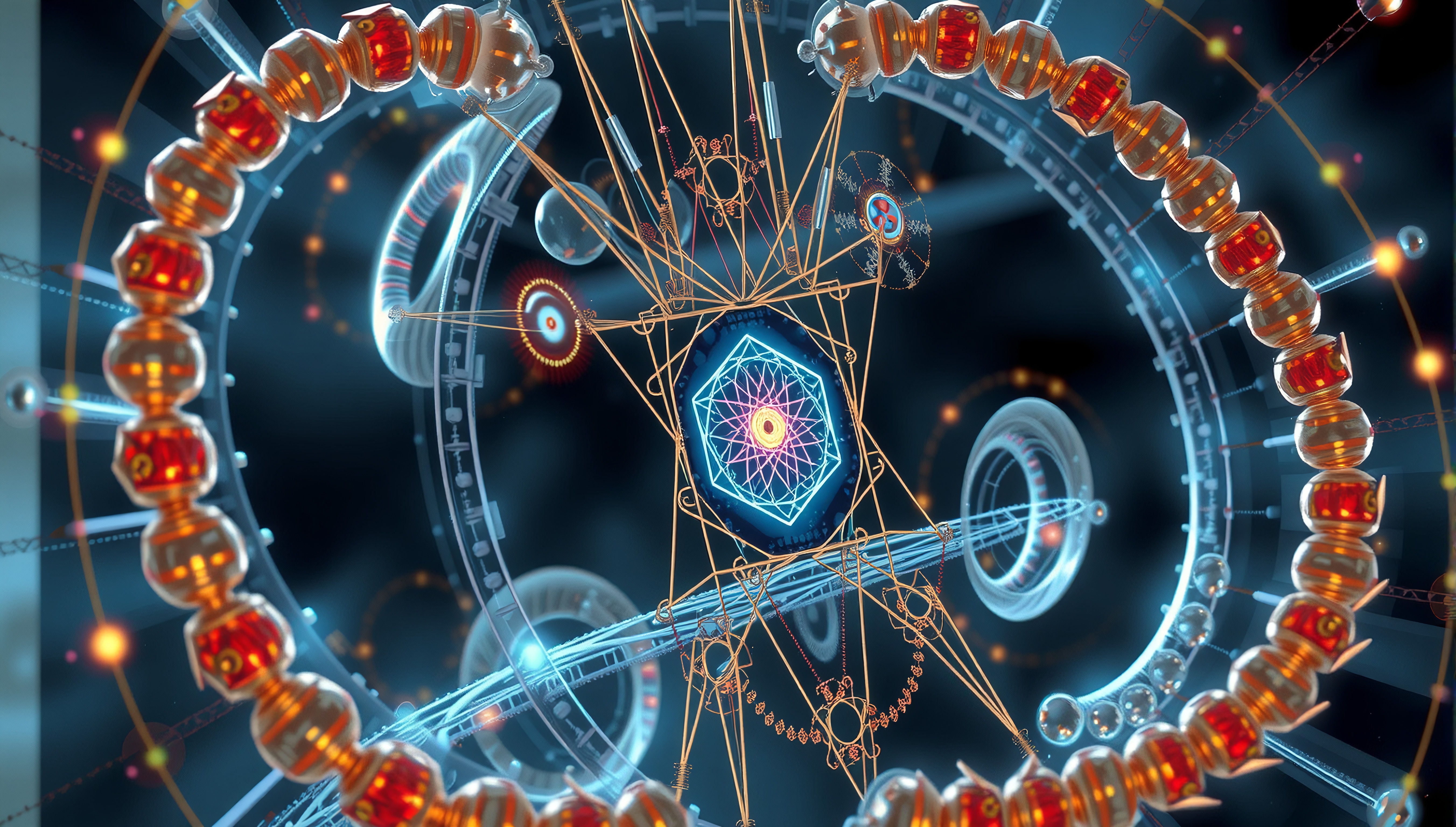 Futuristic geometric network with interconnected elements in vibrant blue and orange.