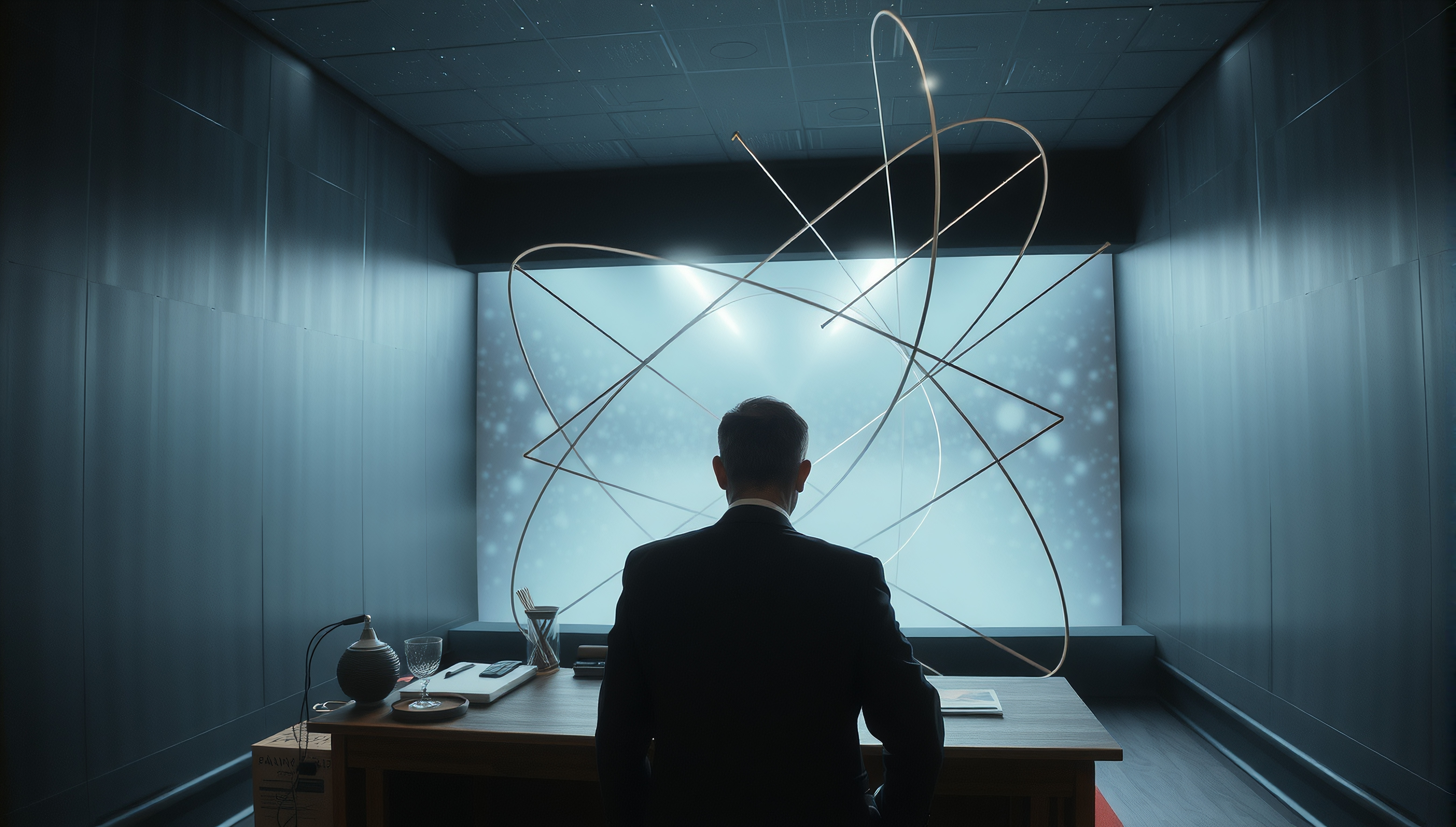 A person in a suit observes an abstract atomic model on a bright screen in a futuristic room.