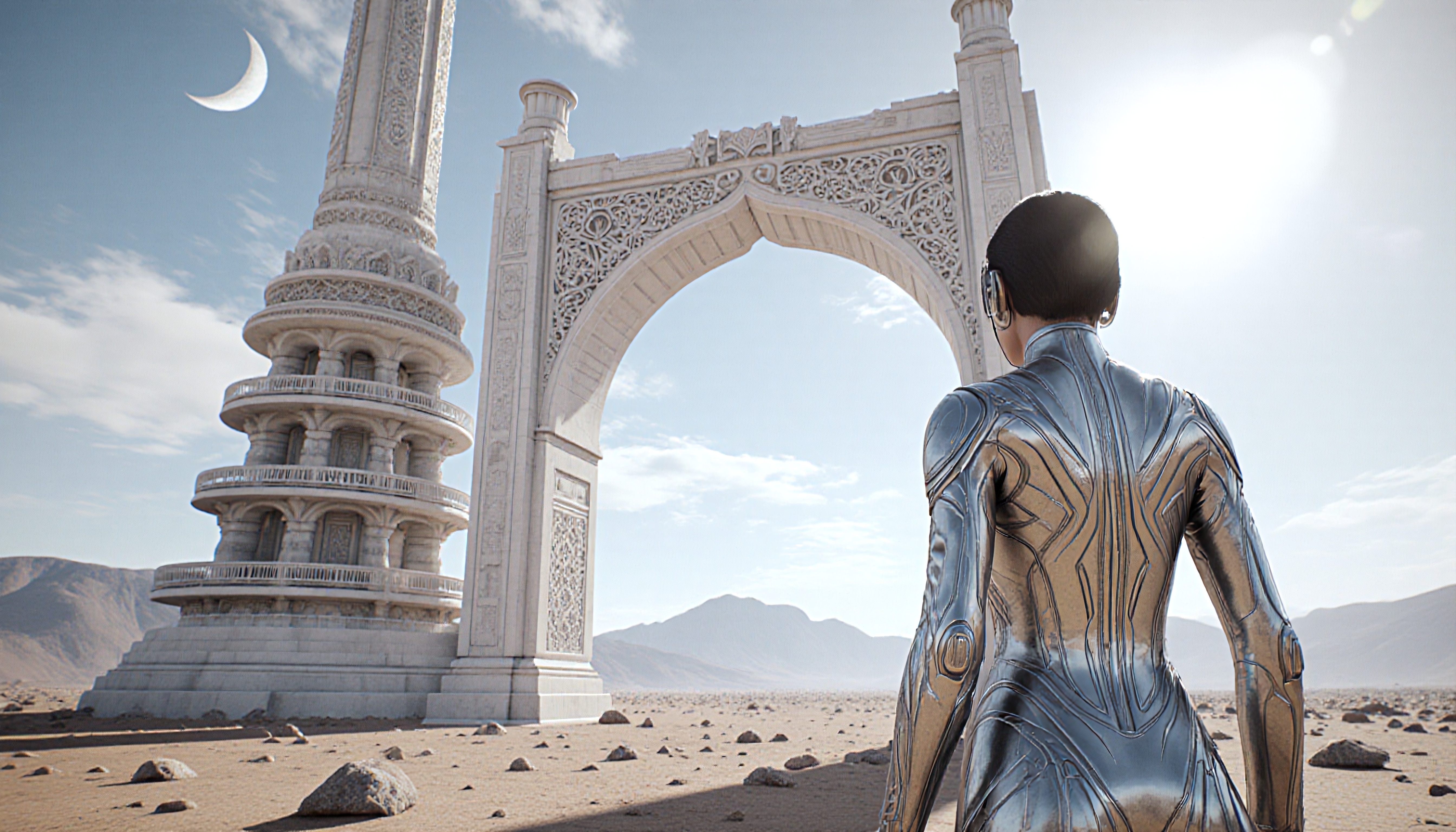 A futuristic figure in a metallic suit stands in a desert, admiring ancient architecture under a bright sky.