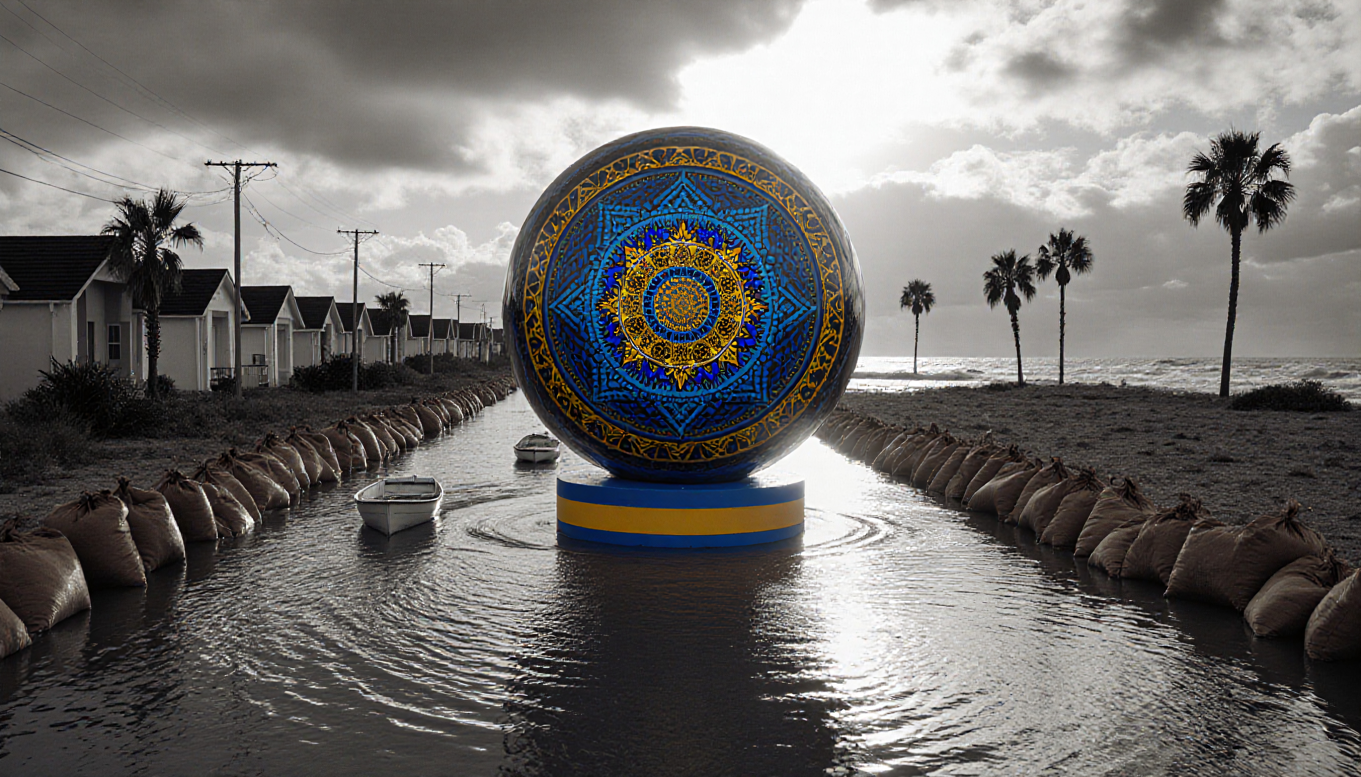 A vibrant sphere with intricate blue and gold patterns stands amidst a monochrome flooded street flanked by sandbags and palm trees.