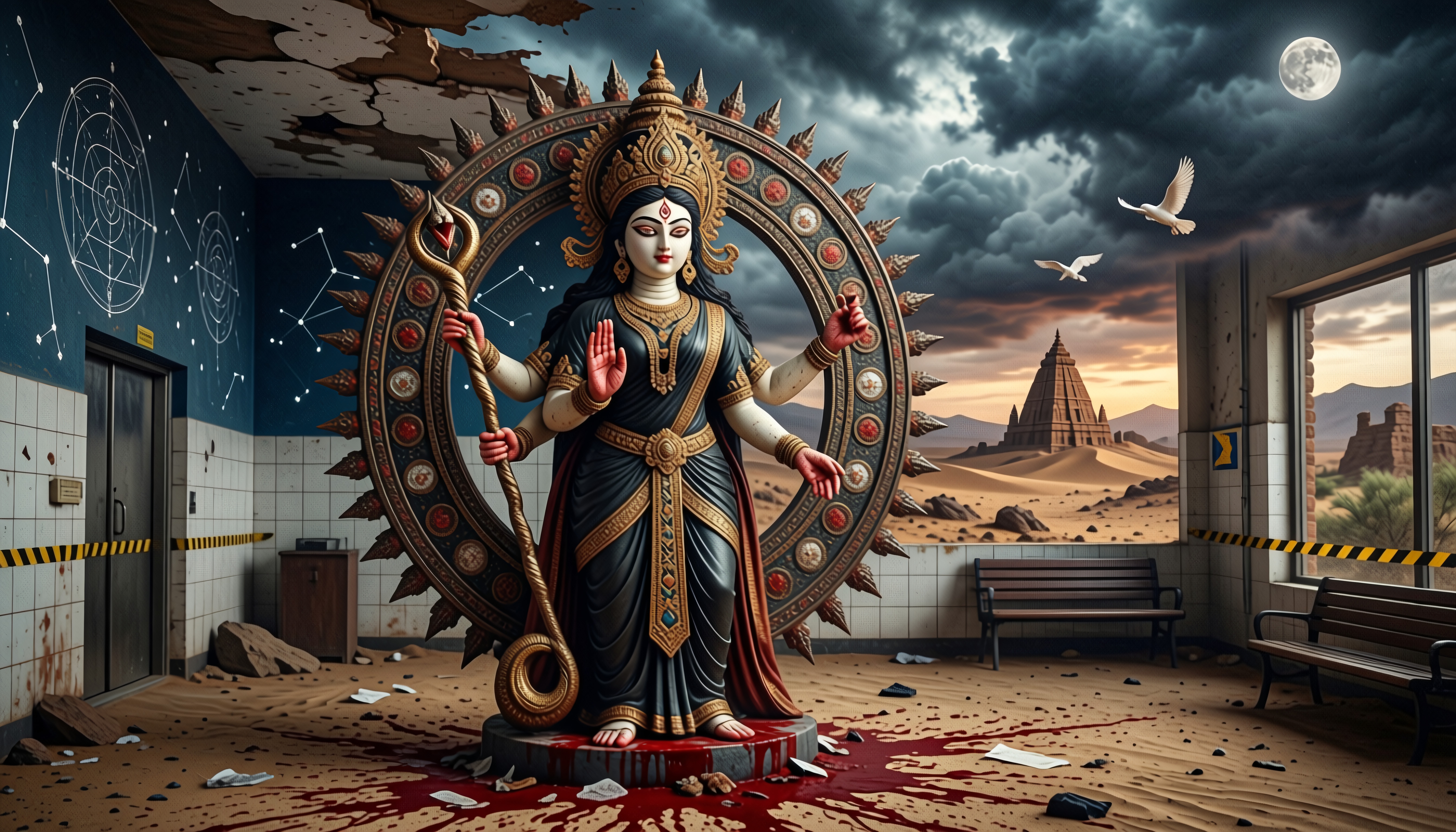 A multi-armed deity statue amidst a surreal, decaying room with desert landscape outside window.