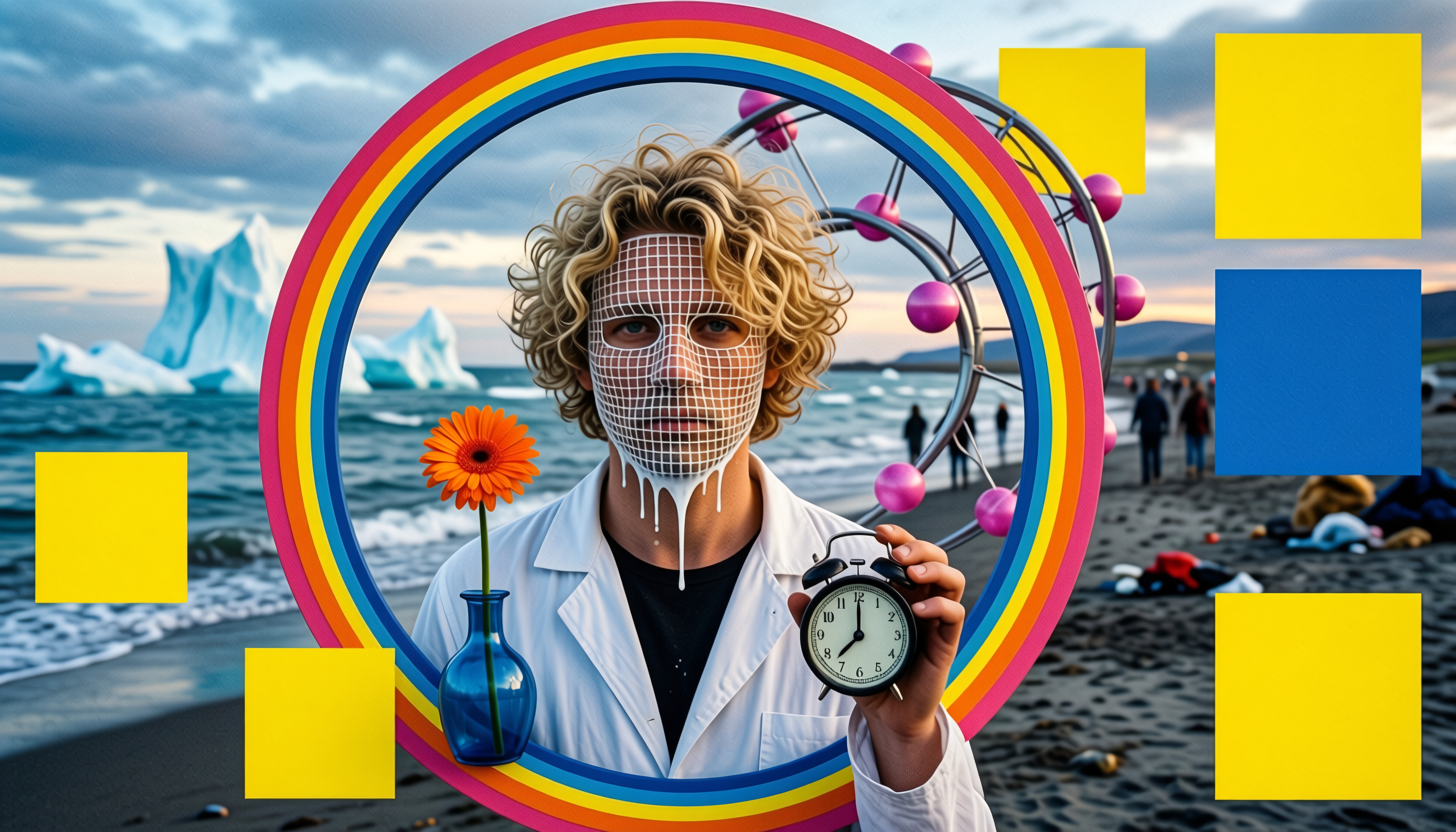 A surreal scene on a beach with a person holding a clock inside a colorful circle, surrounded by abstract elements and icebergs in the background.
