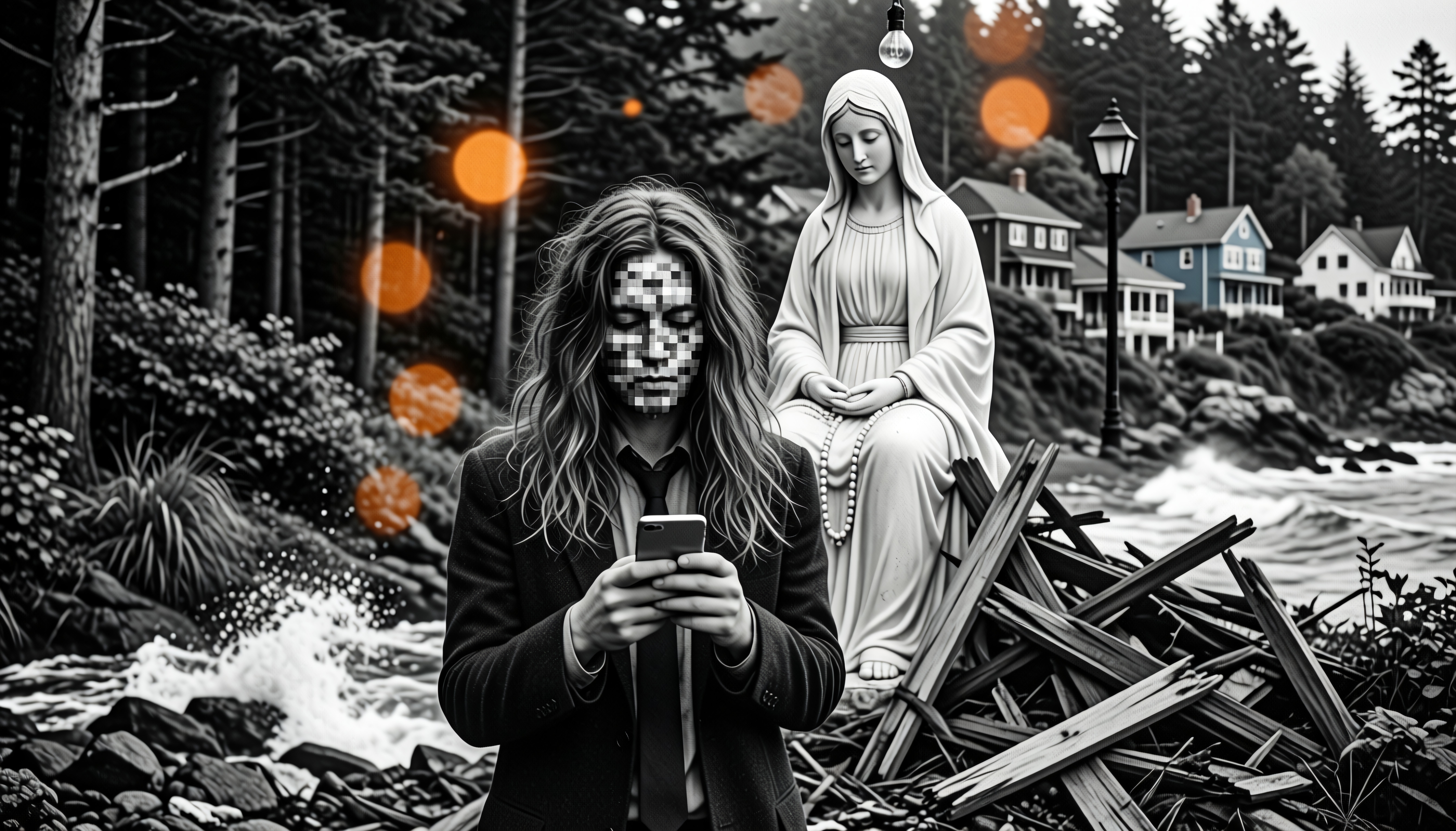 A person with a pixelated face stands before a Virgin Mary statue, holding a phone amidst a coastal forest scene with bokeh effects and debris.