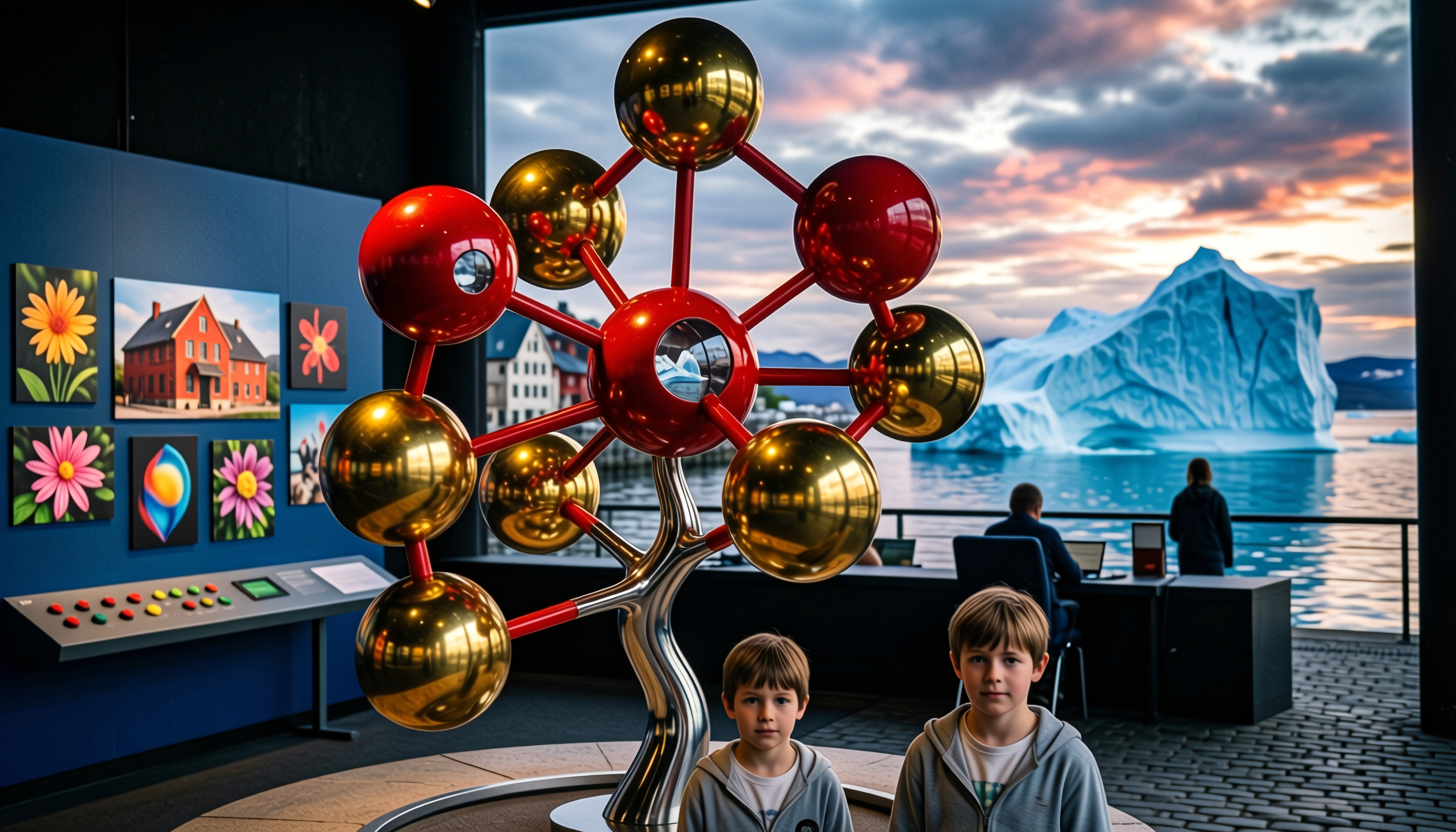 Science museum molecular model sculpture with two children and iceberg view through window