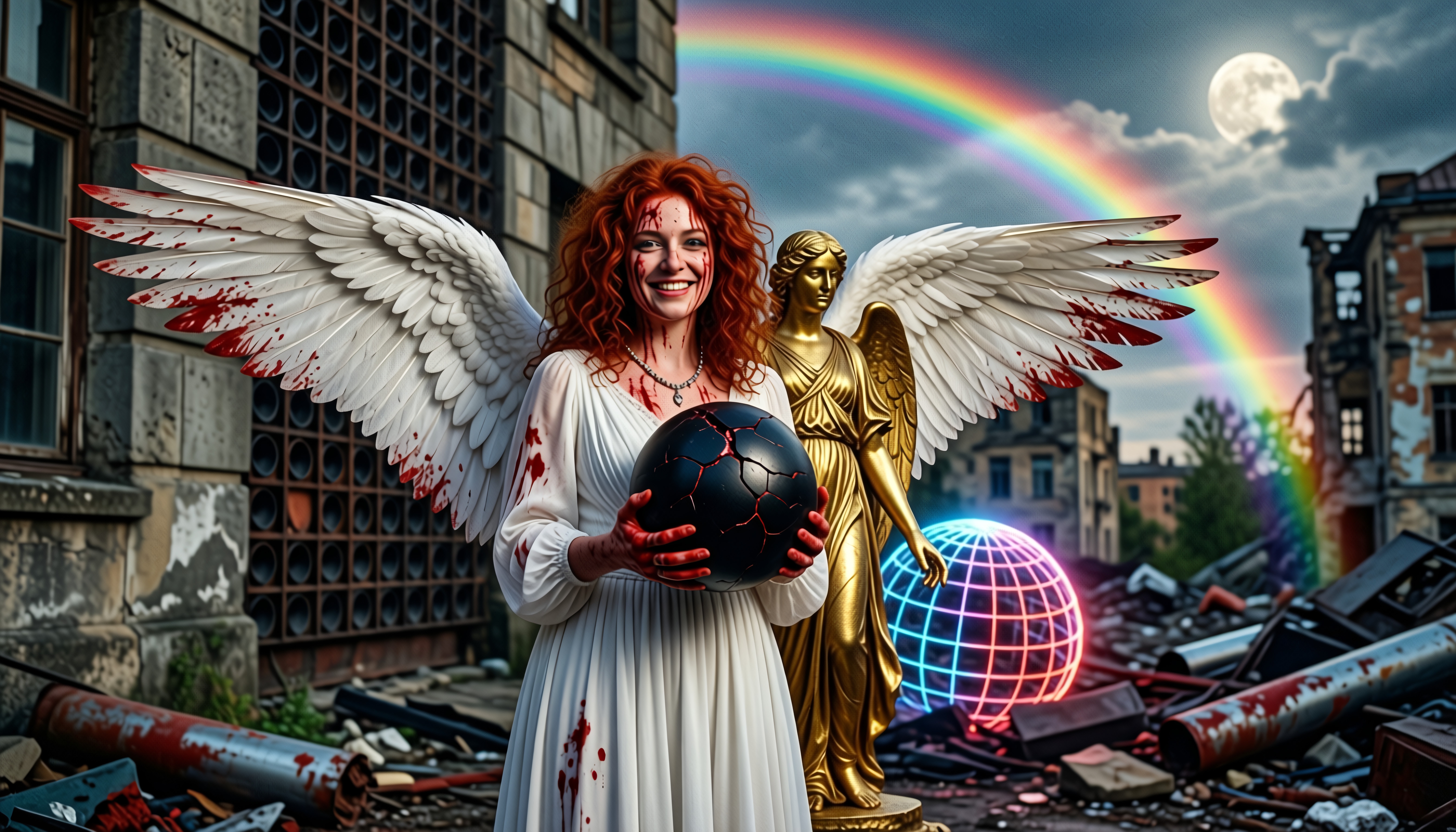 A person with wings holds a glowing orb amidst urban ruins with a rainbow.