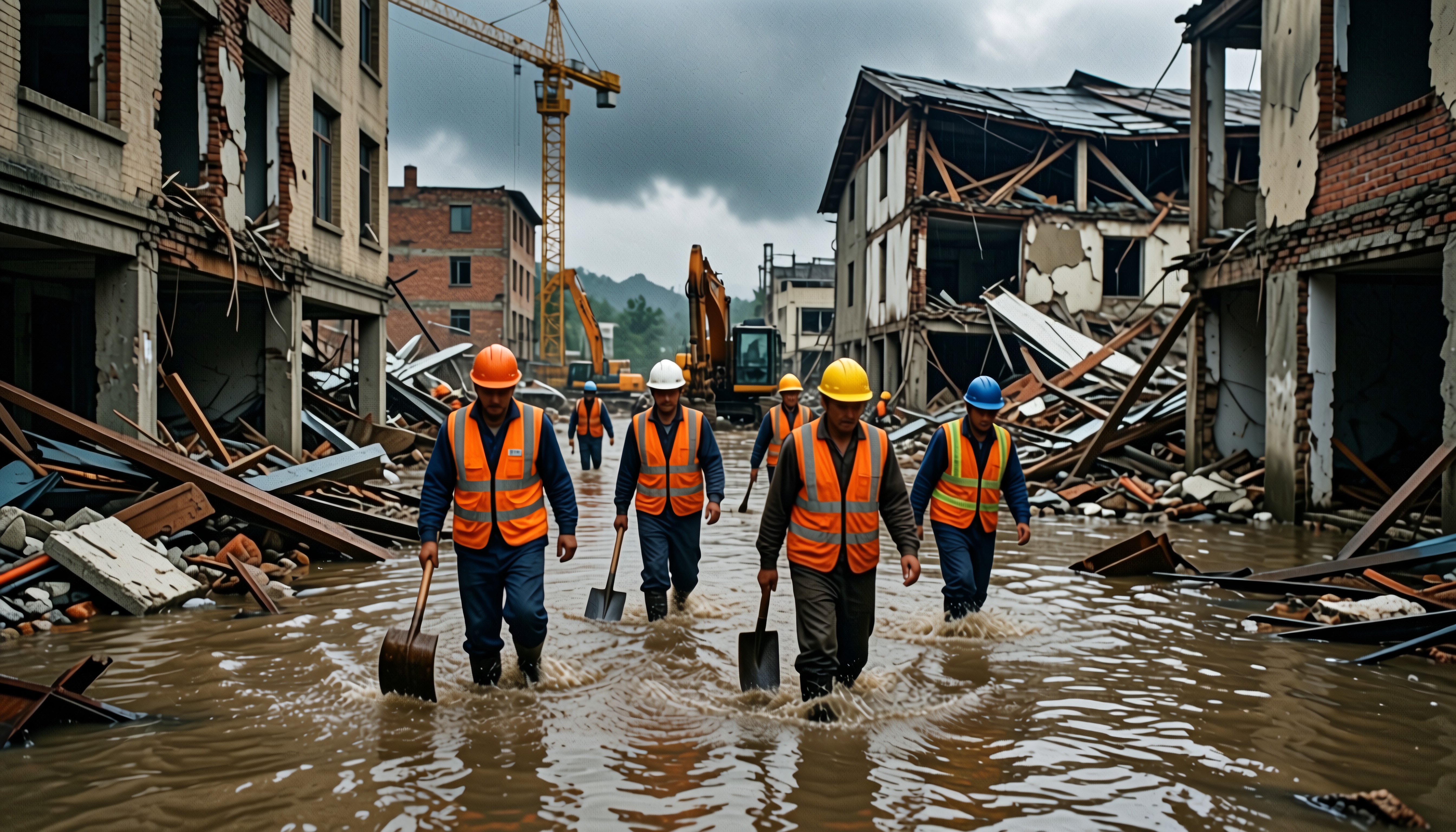 Construction workers navigate flooded disaster site.