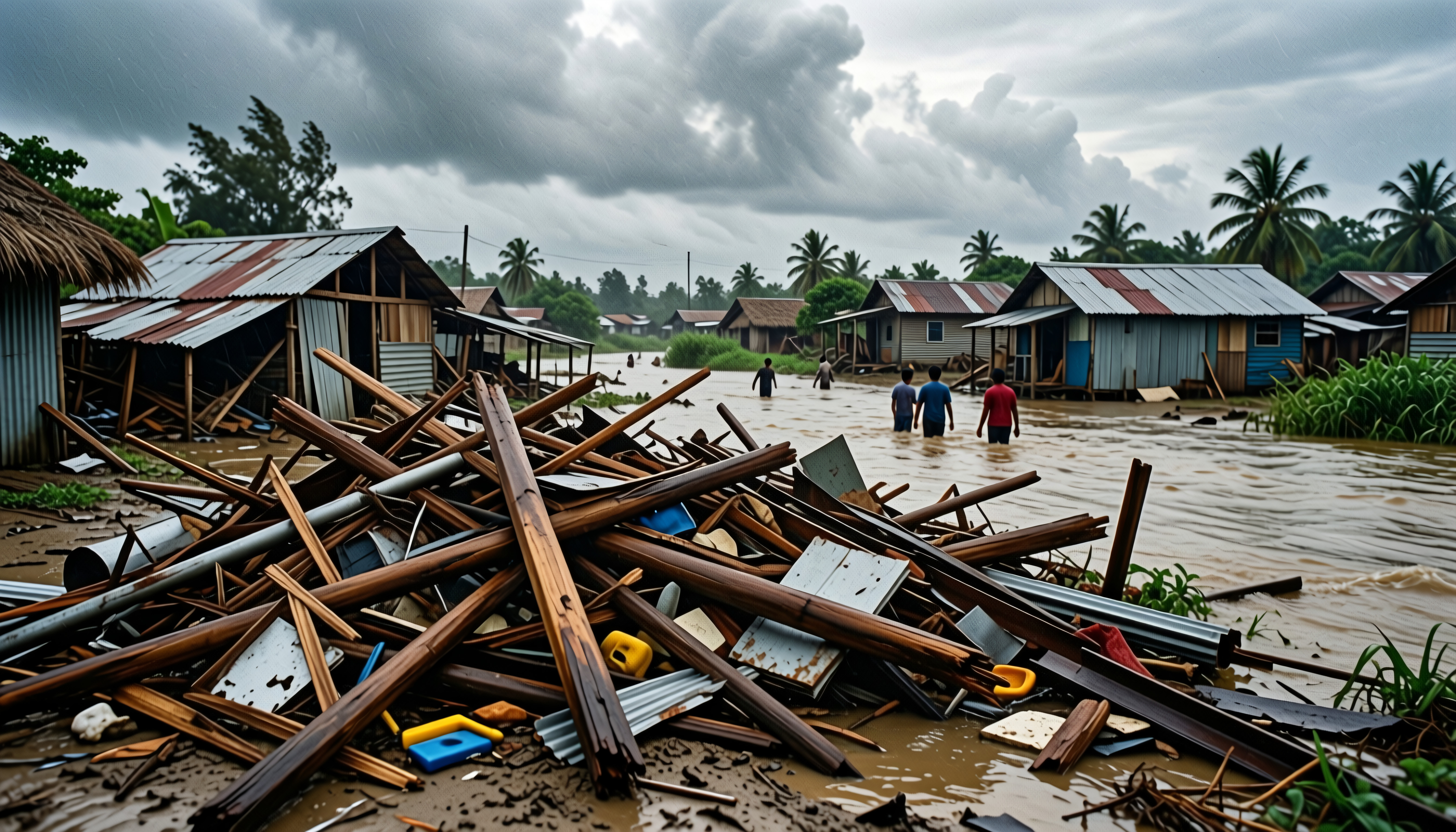 Flooded rural village showing damaged houses, debris, and people wading through floodwater during heavy rain after a natural disaster