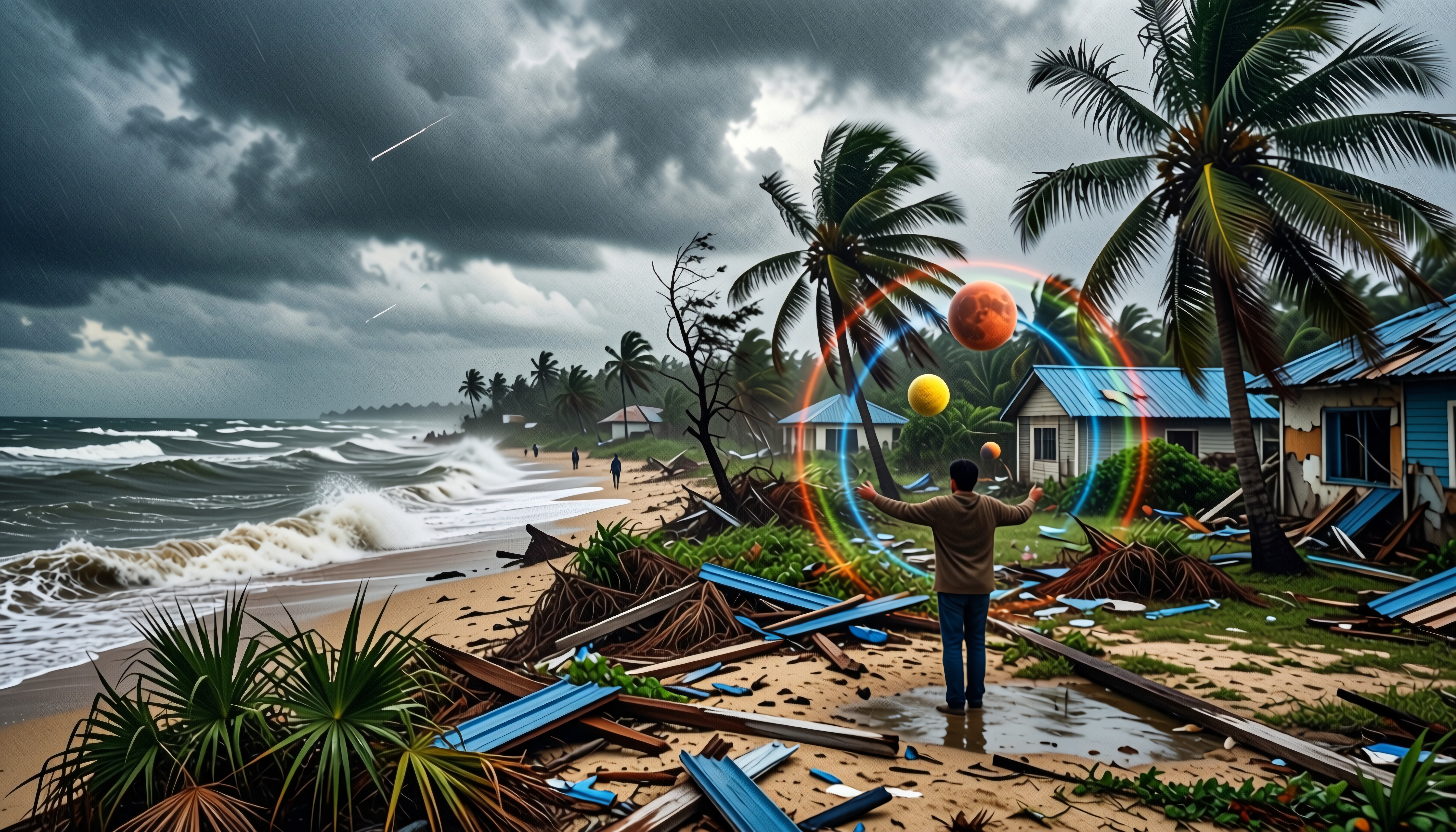 A man stands on a storm-damaged beach with surreal, floating orbs.