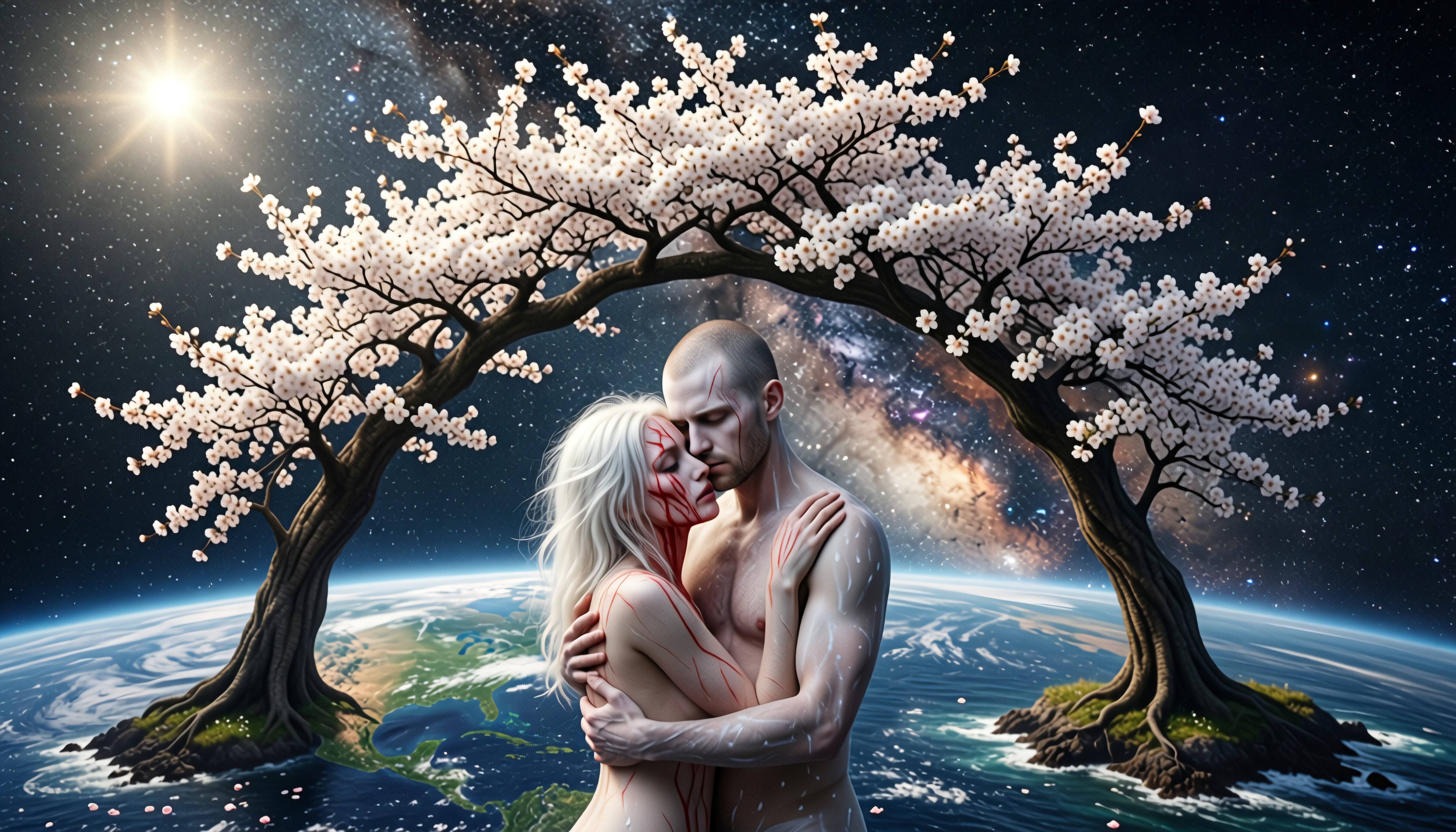 Couple embracing under cherry blossom archway against a cosmic E