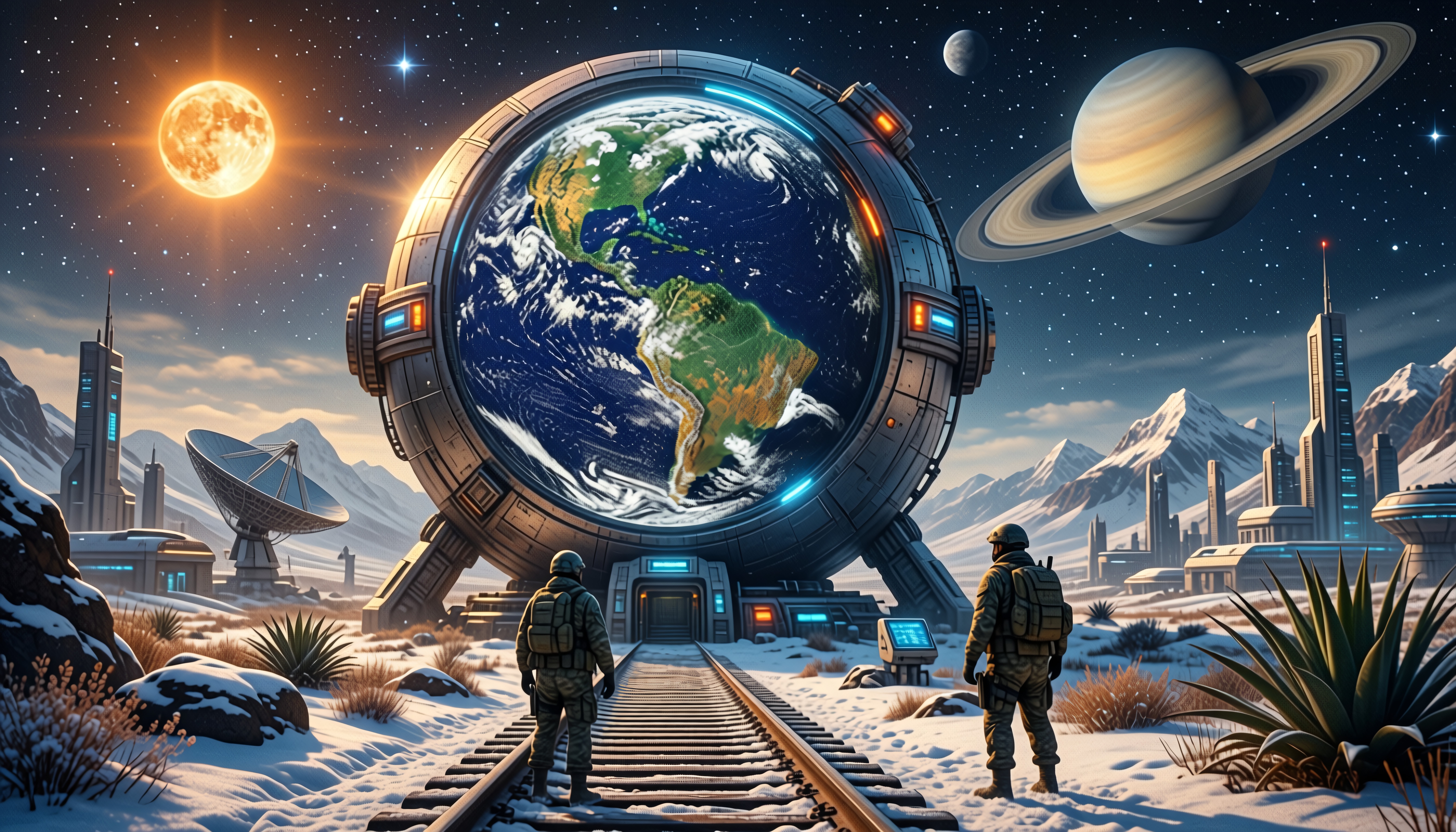 A futuristic scene with Earth sphere, soldiers, advanced technology, and celestial bodies.