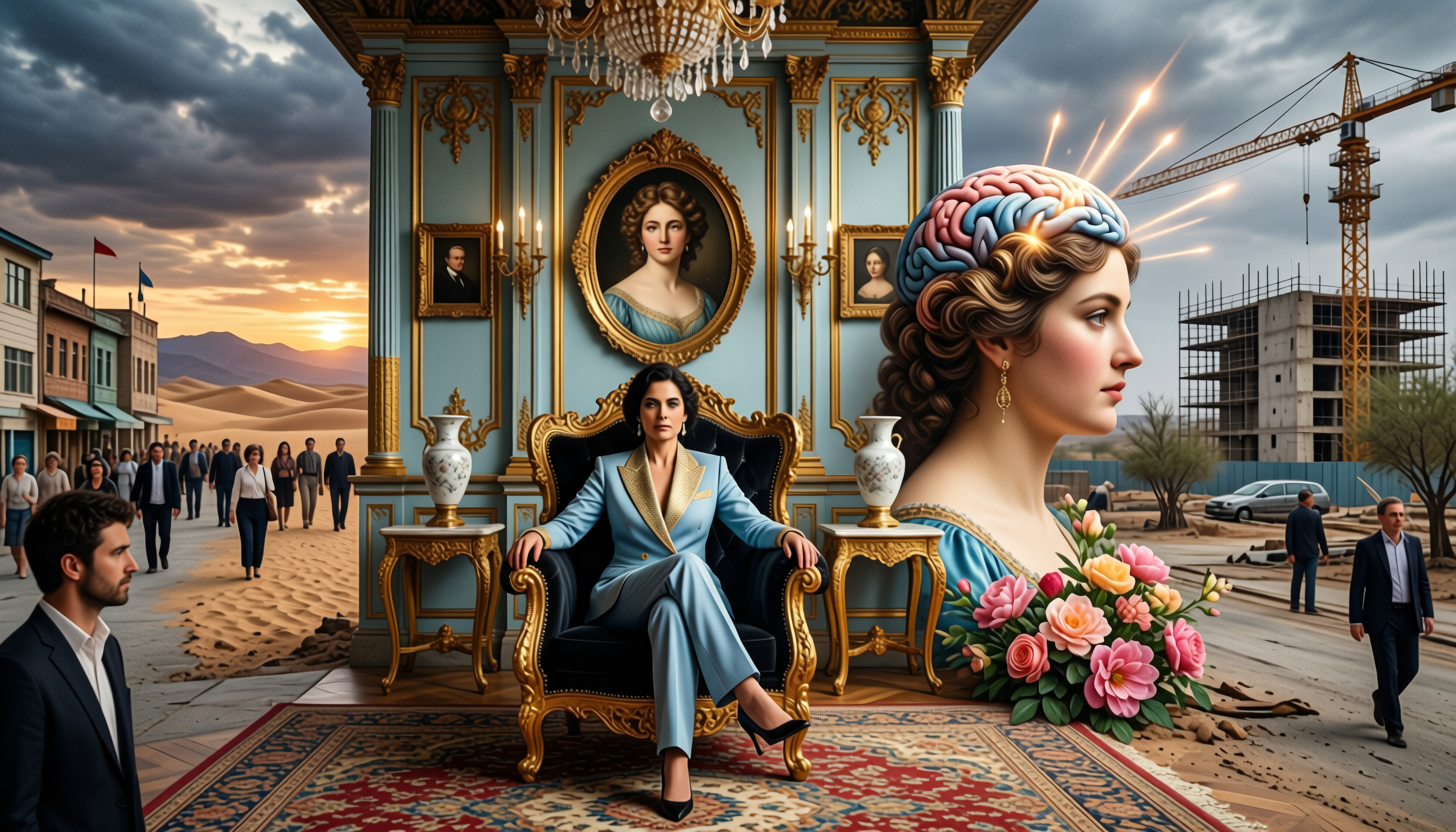 Surreal juxtaposition of historical portraiture, contemporary fa