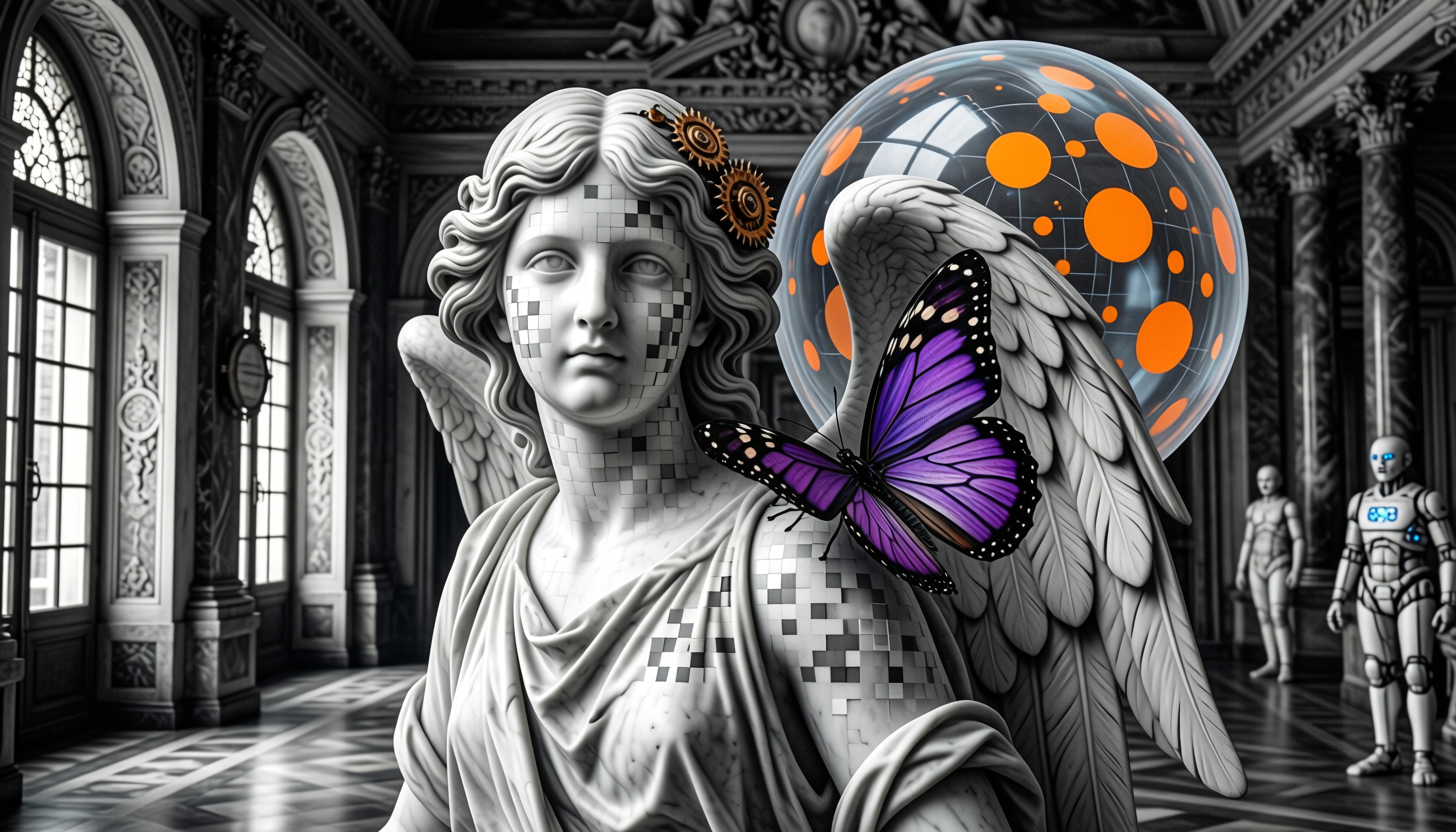 A marble angel with pixelated features, purple butterfly, and futuristic elements in an ornate hall.
