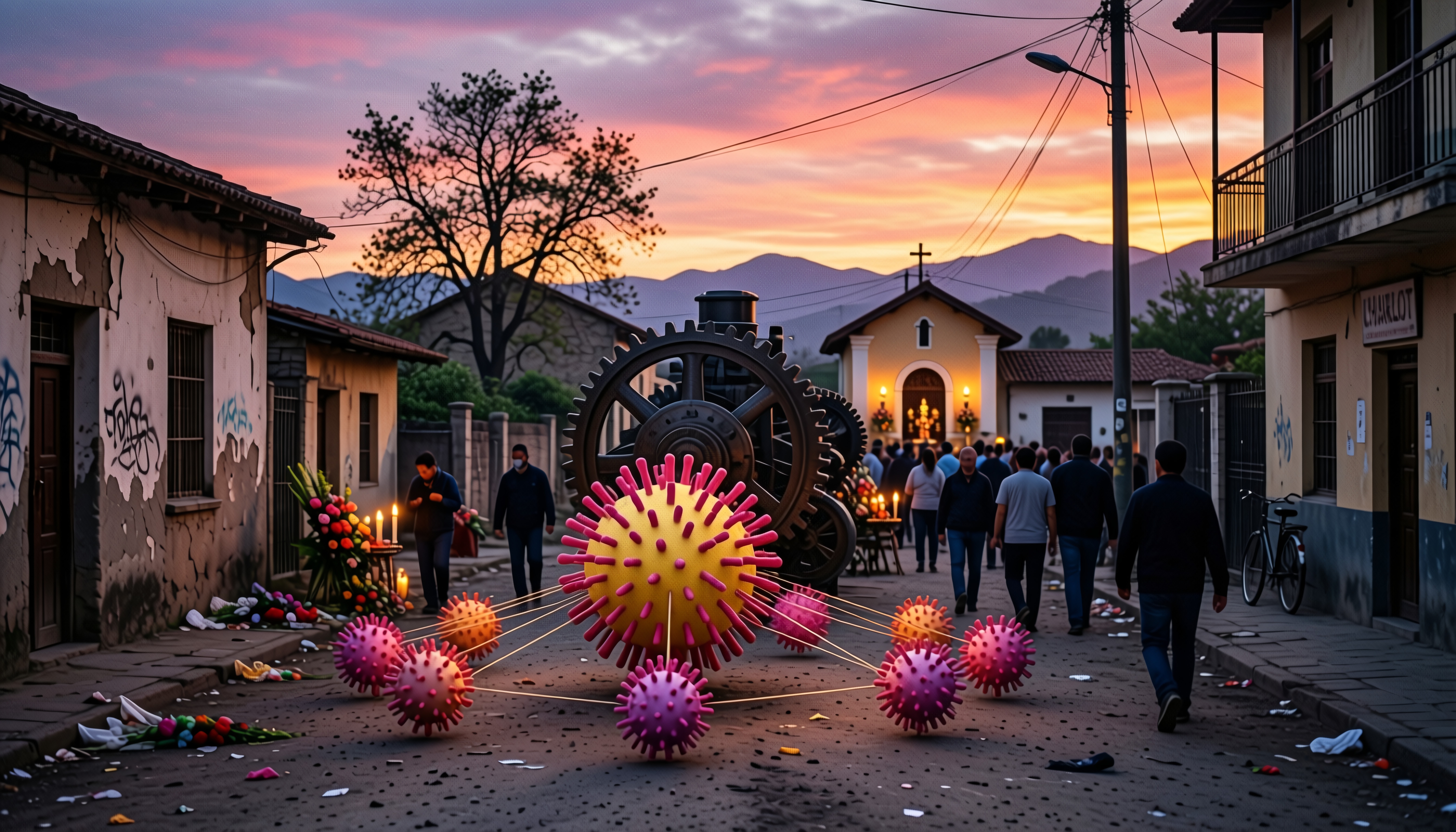 Street scene at sunset with creative virus-themed art and community gathering.