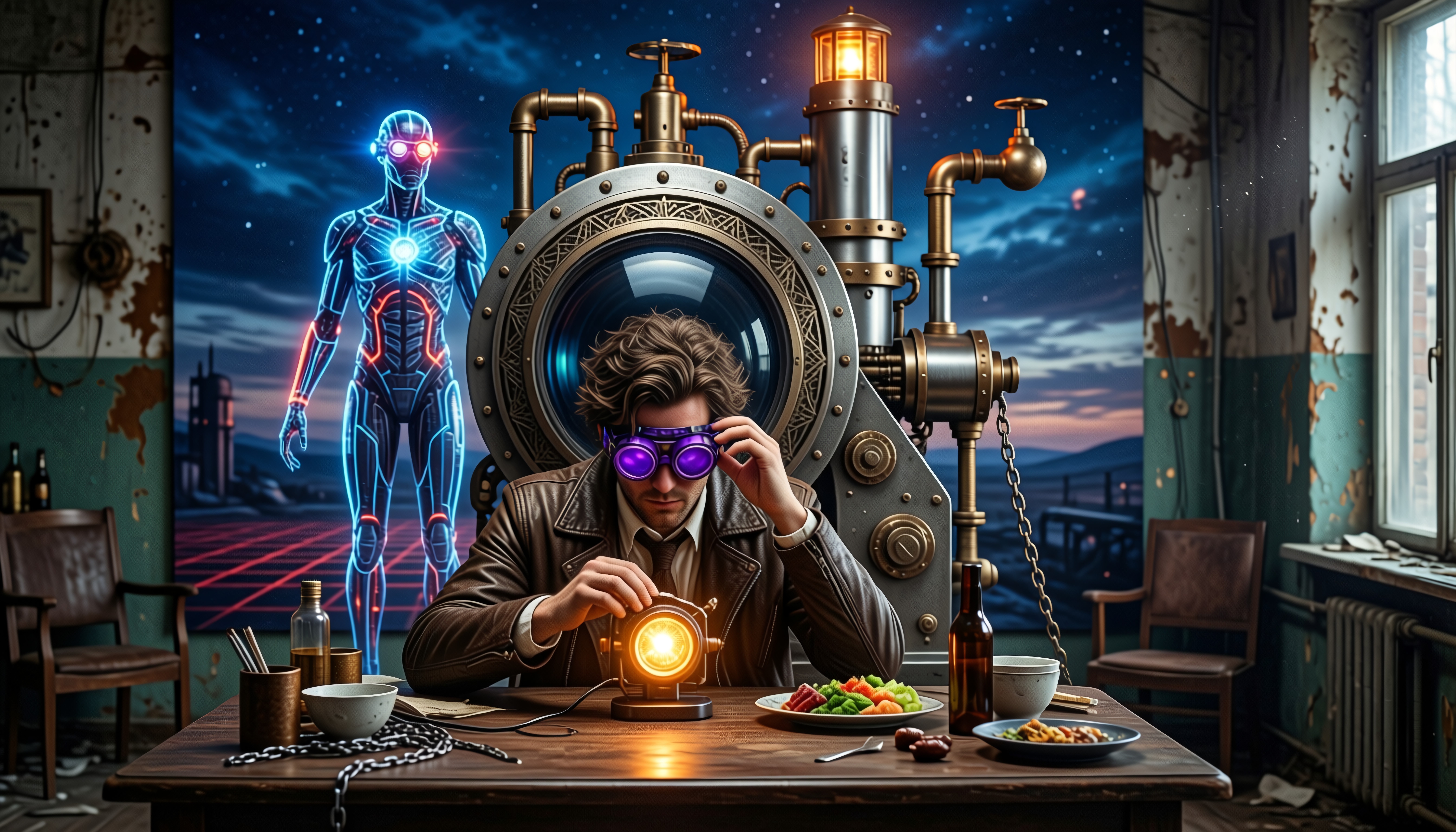 A man with purple goggles tinkers with a device in a steampunk-themed room.