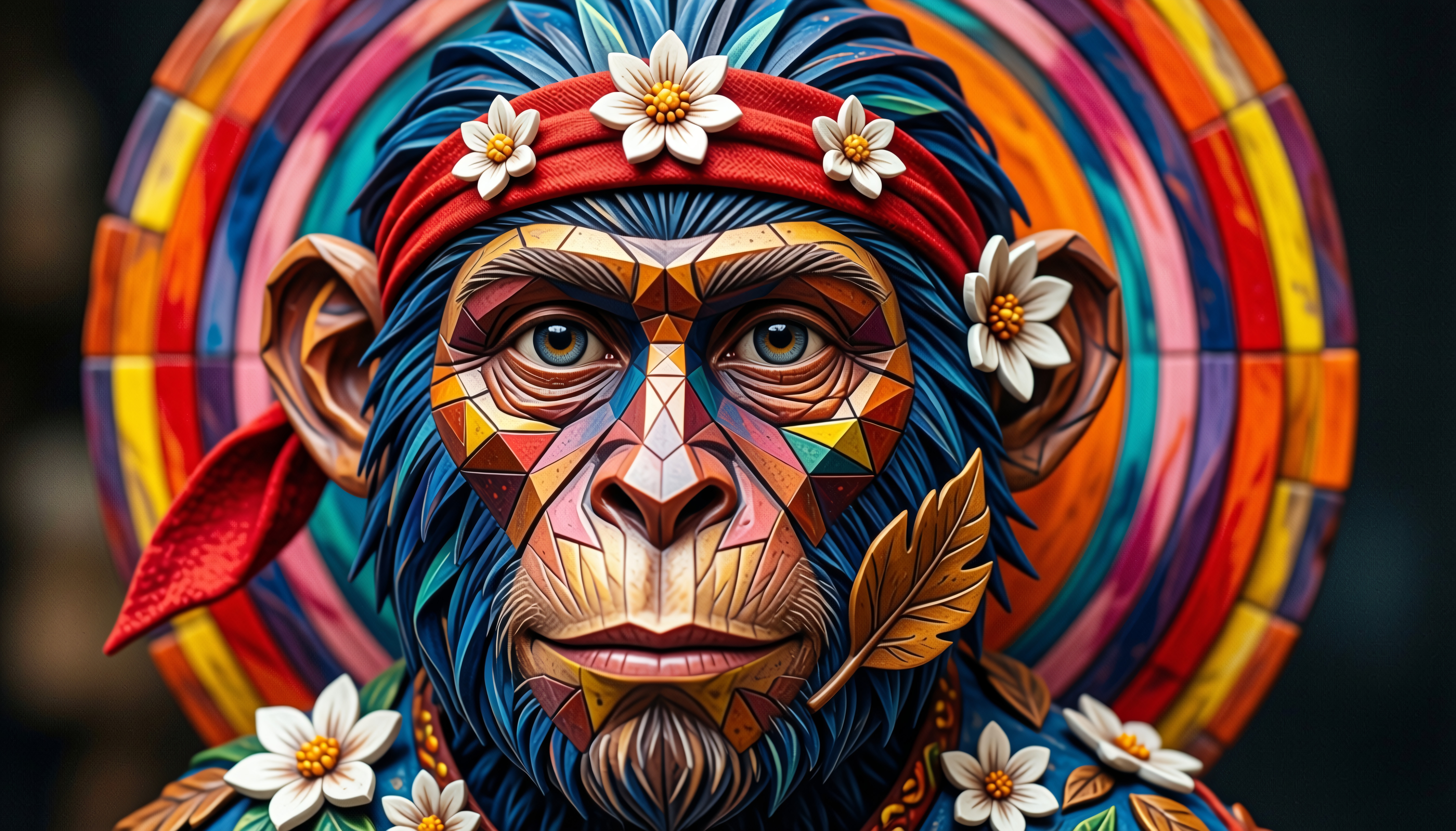 A vibrant geometric monkey face with floral accents.