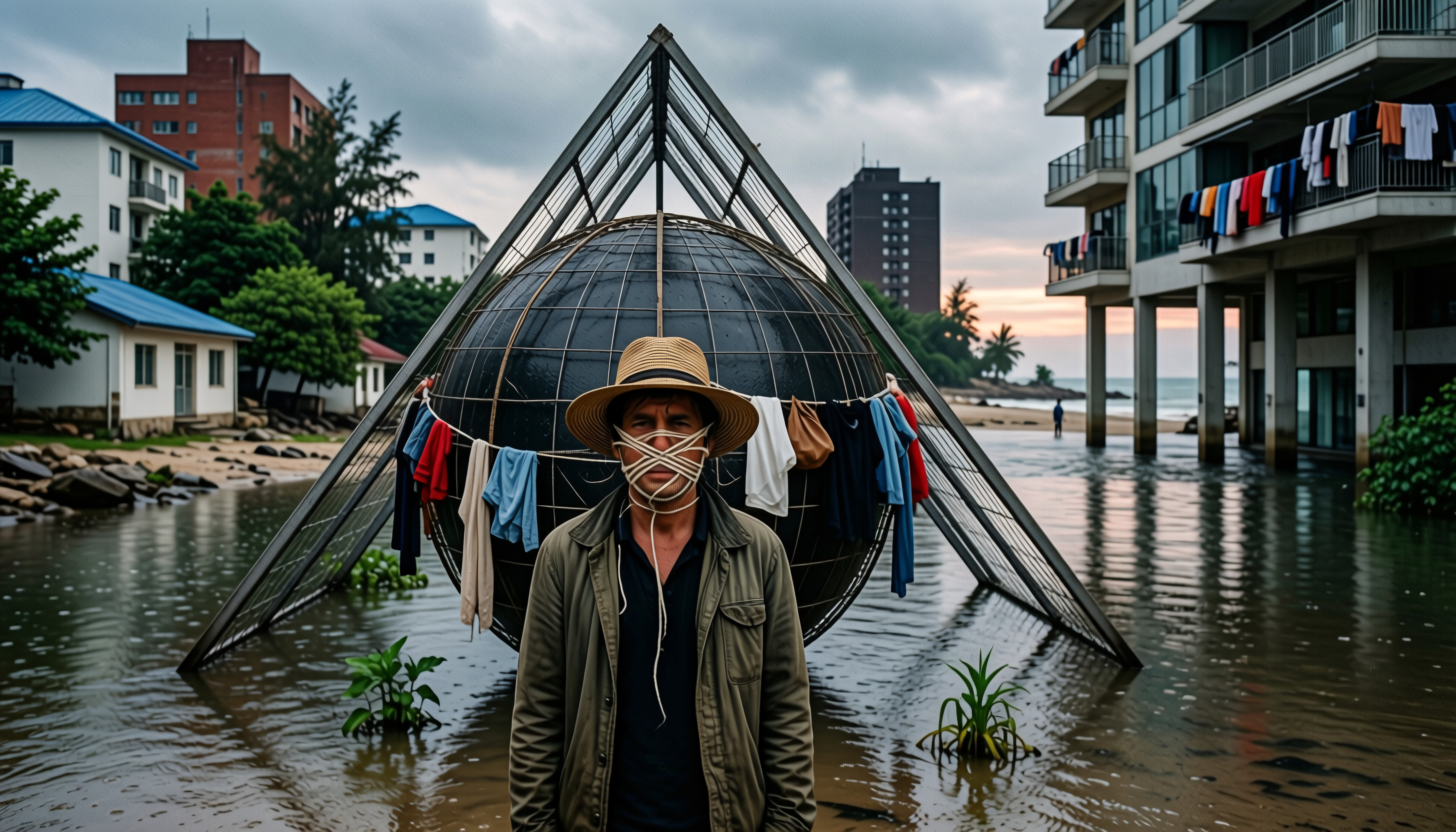 Flooded Coastal City with Man in String Mask and Geometric Sculp