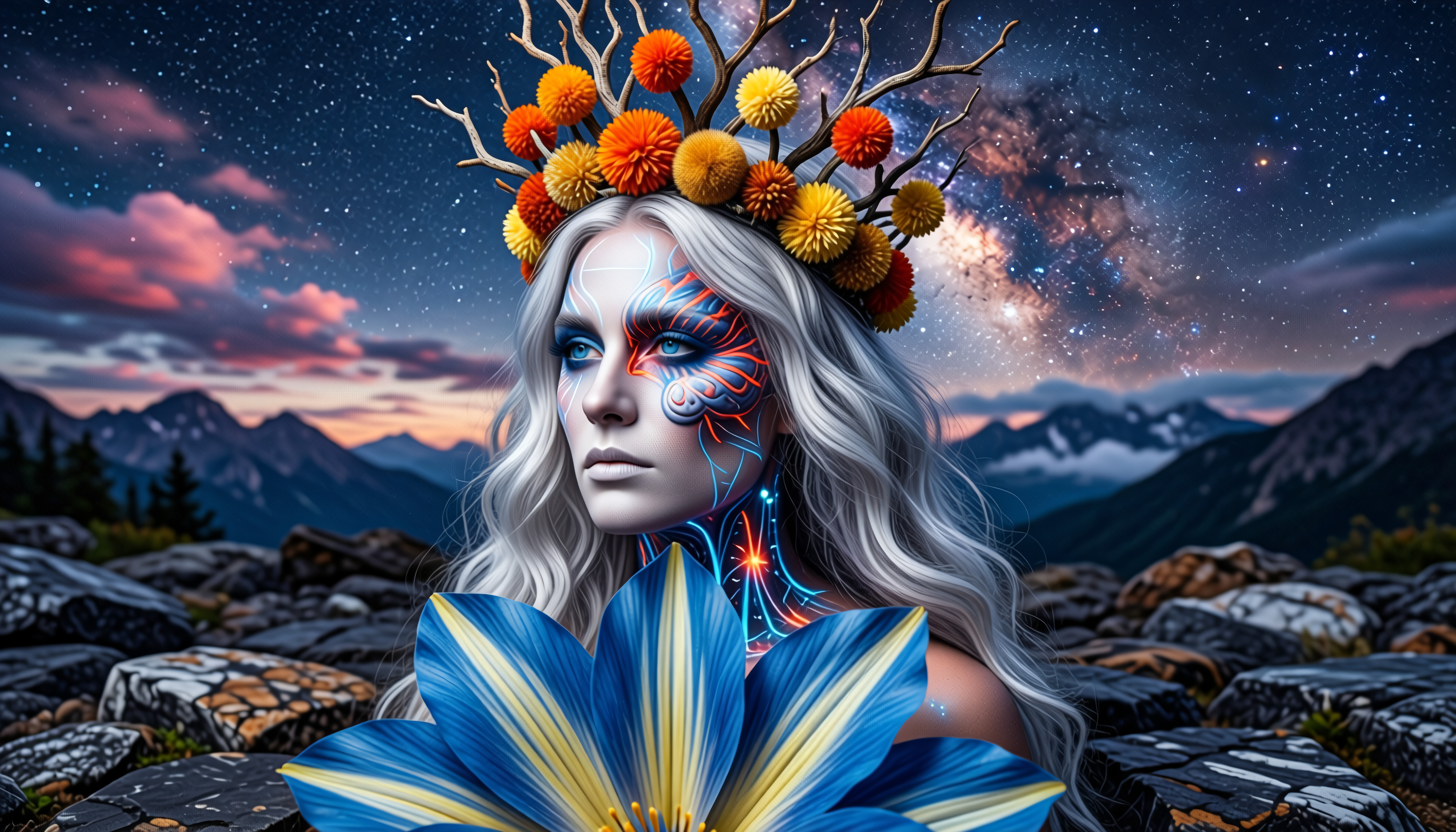 Surreal Cosmic Portrait with Floral Crown Against Mountain Night