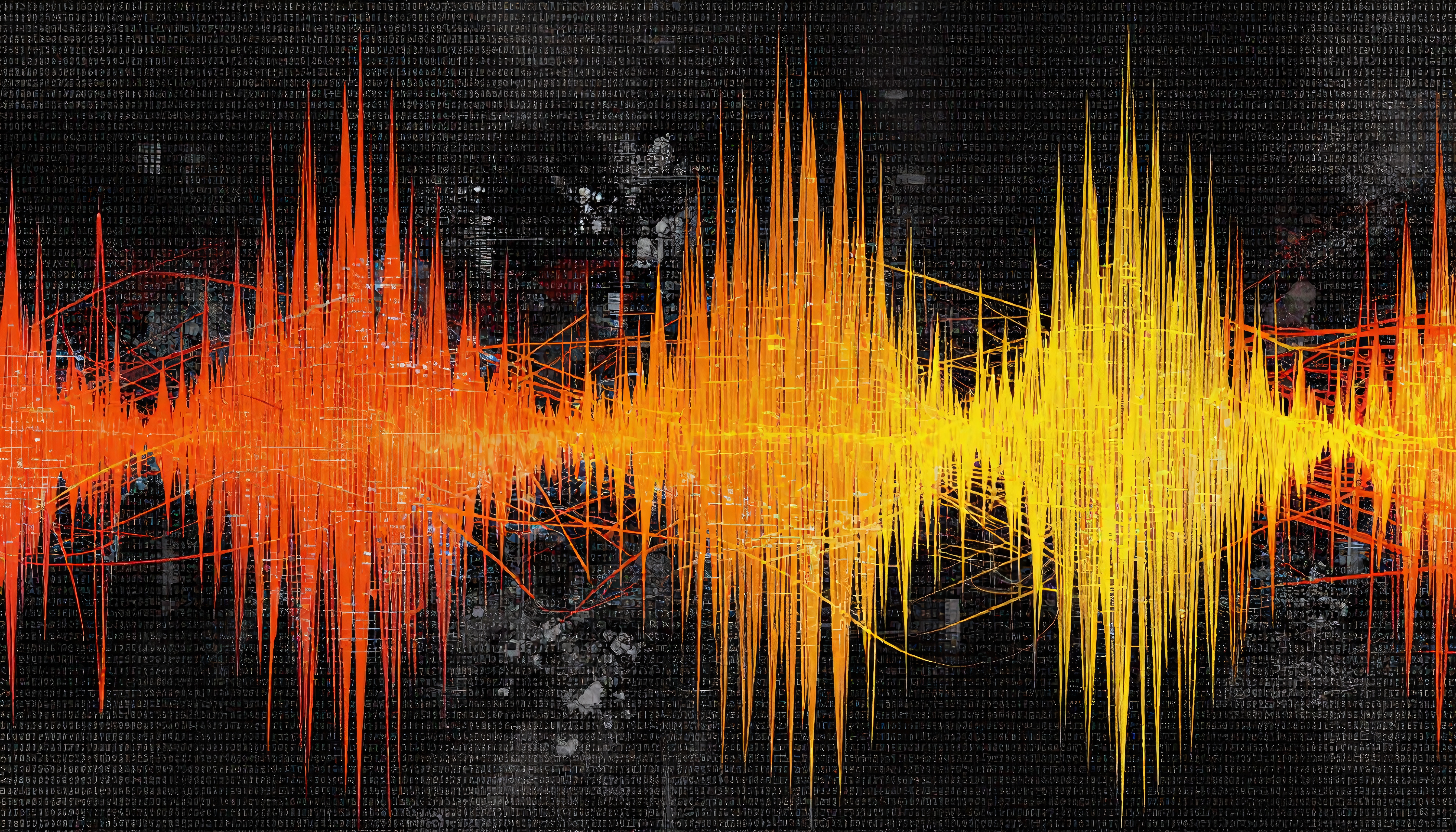 Vibrant orange-to-yellow soundwave over binary background.