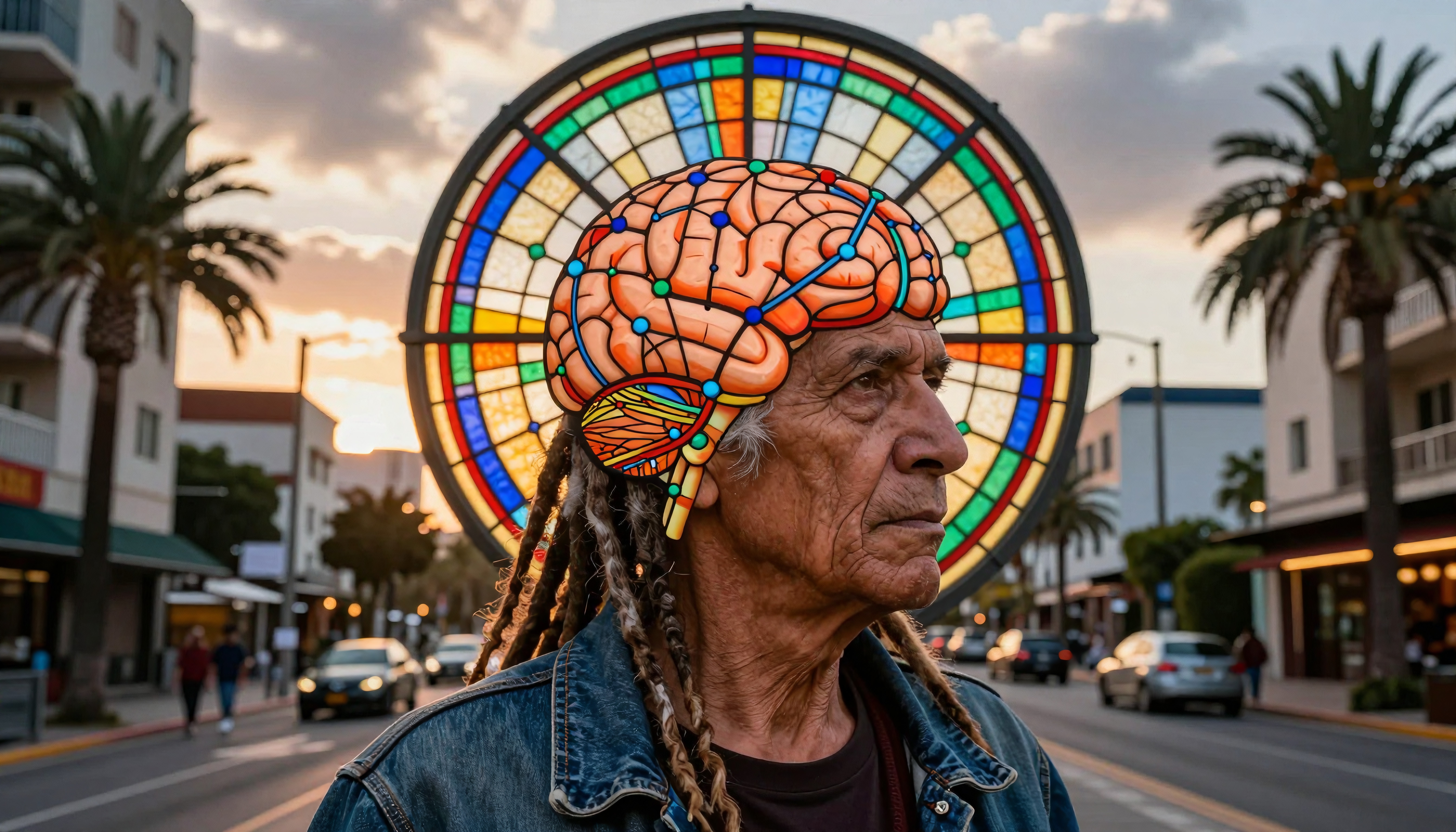 An older man with dreadlocks stands in front of a colorful stained glass brain design during sunset on a city street.