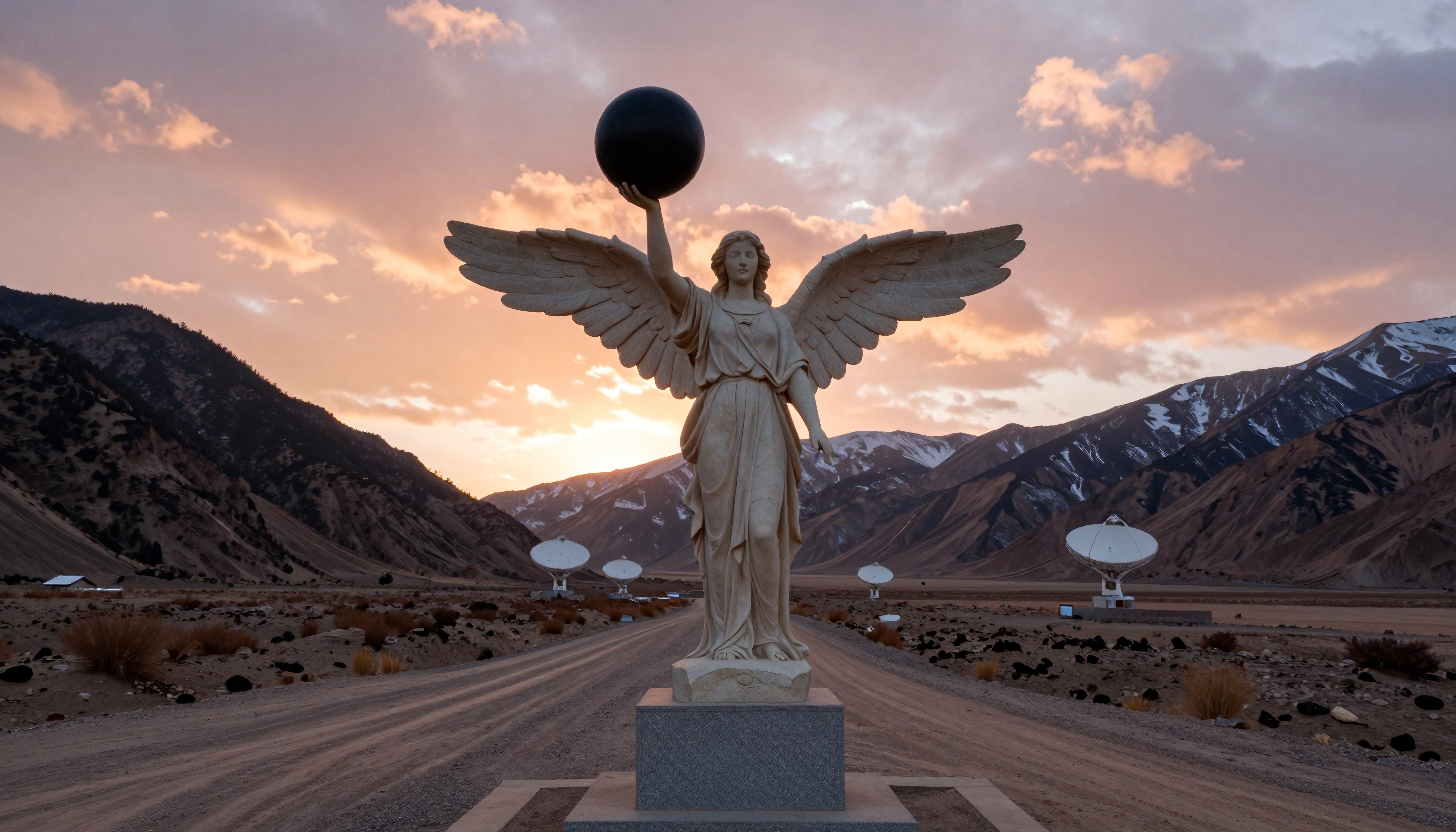 A majestic angel statue holding a black sphere at sunset, set in a mountainous landscape with satellite dishes nearby.