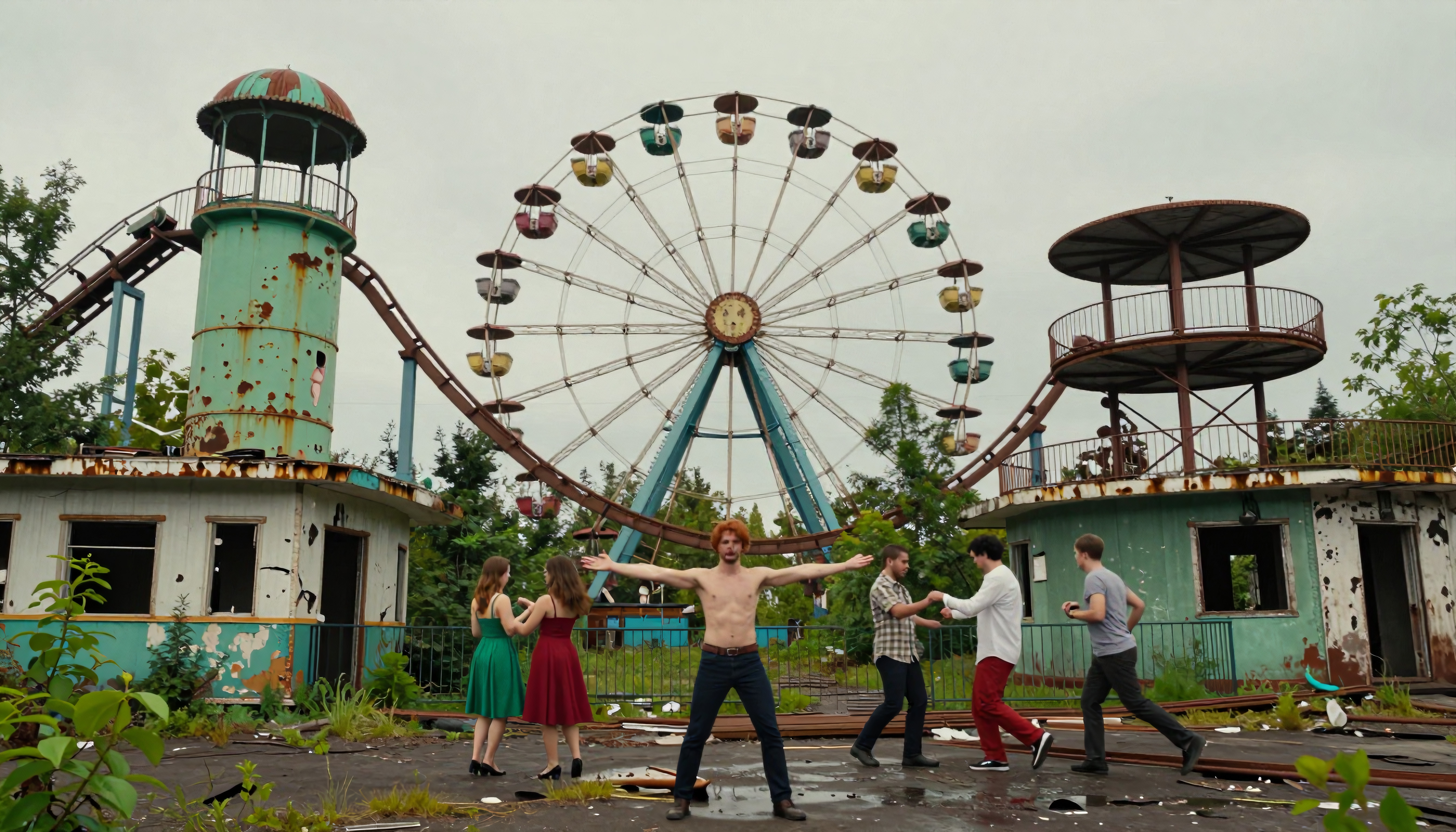 A group of people dance around a rusted Ferris wheel in an abandoned amusement park.