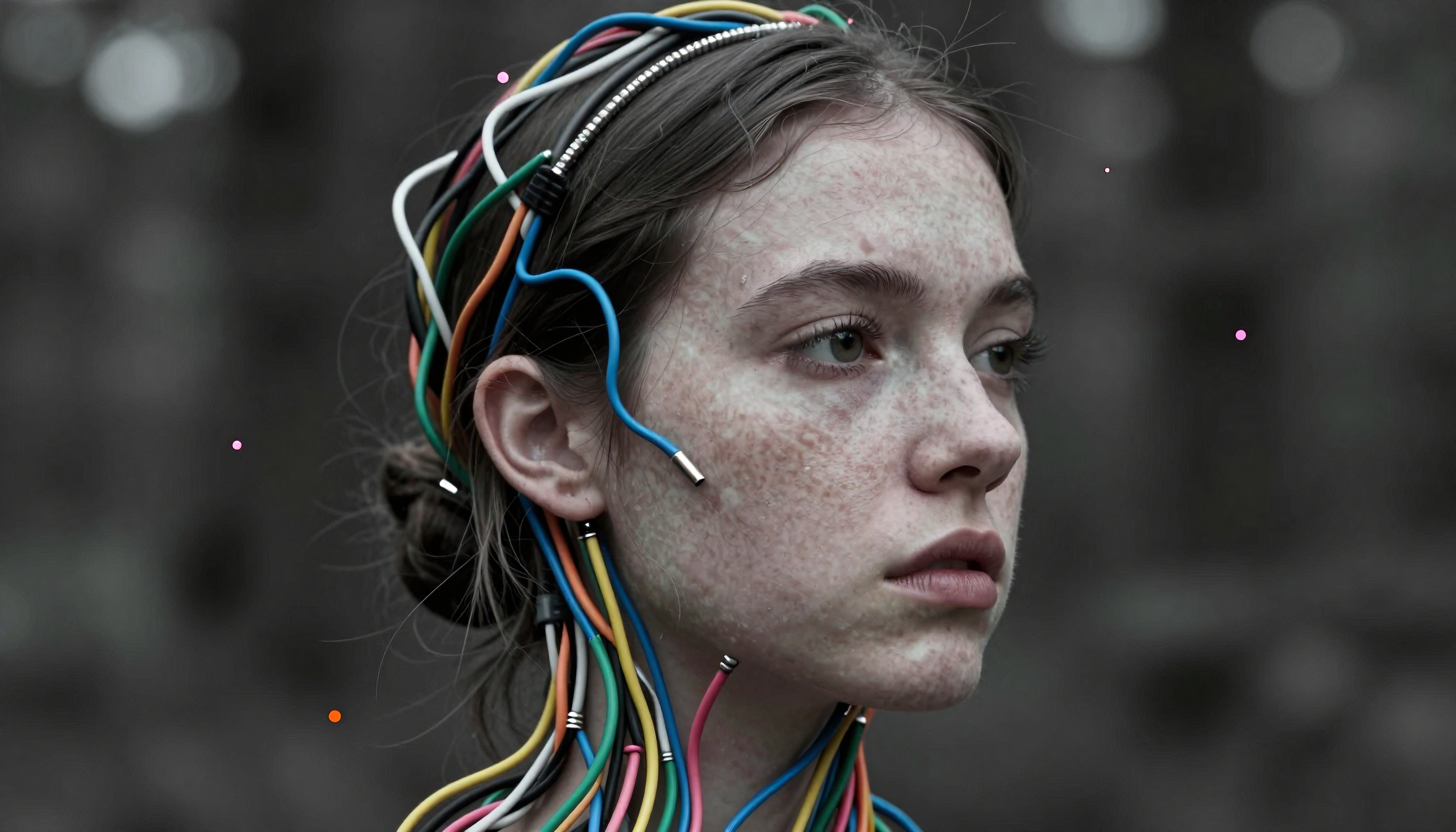 Futuristic cyberpunk portrait of a freckled person with colorful wires in hair, blurred city background, digital art, neural interface concept for tech and science fiction themes
