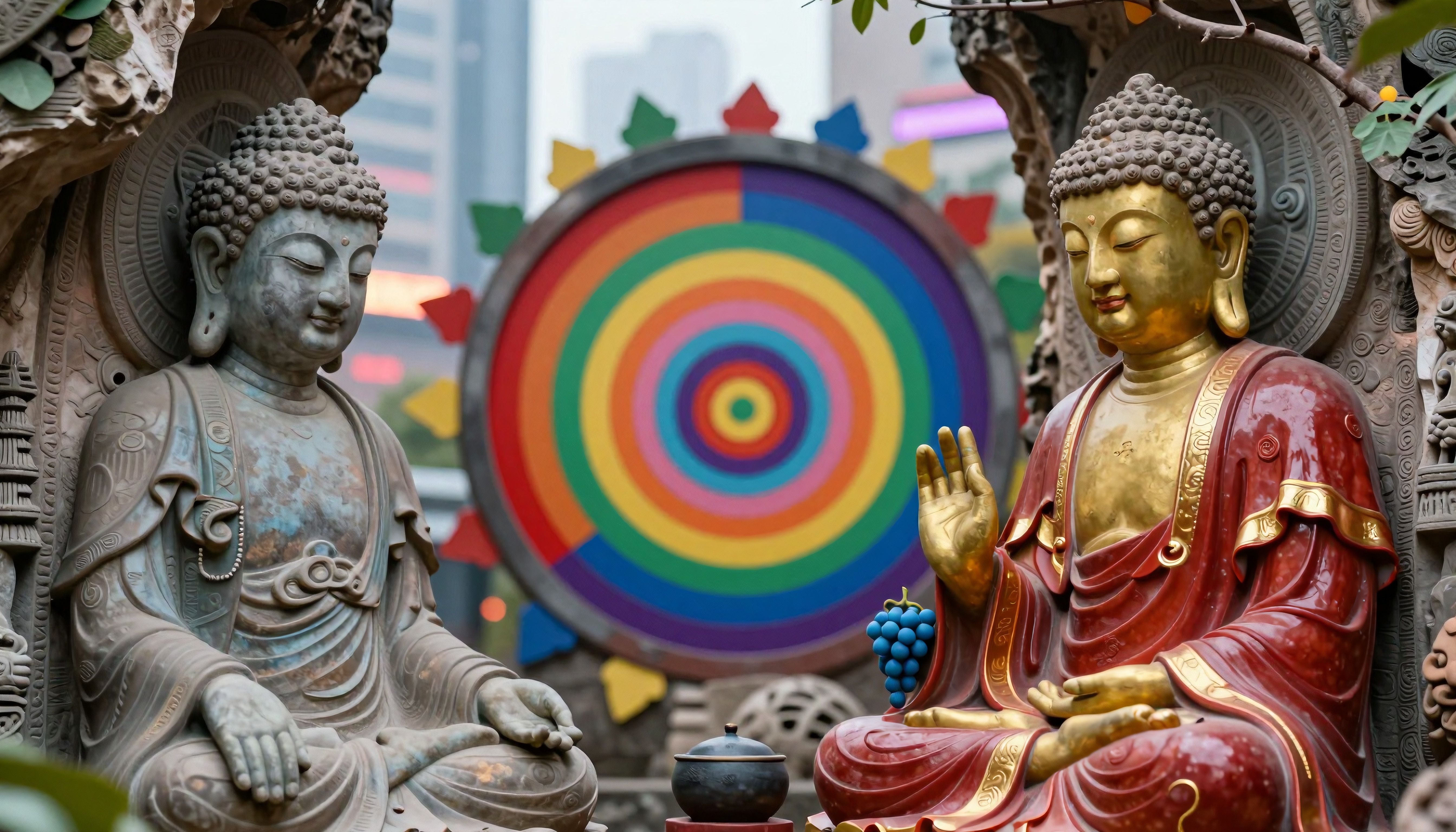 Buddha statues in urban setting with colorful mandala background.
