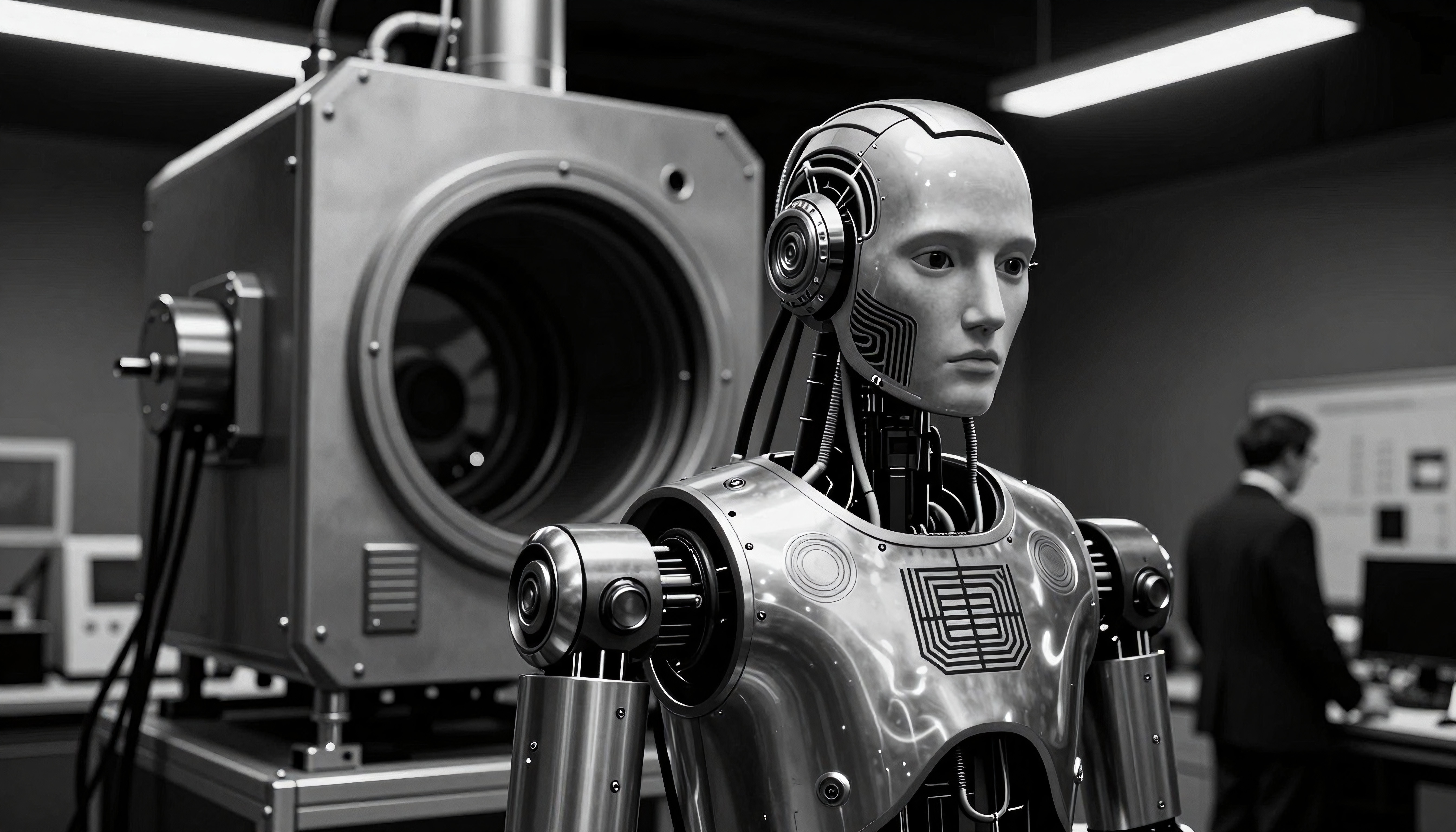 A futuristic humanoid robot stands in an advanced laboratory setting, surrounded by complex machinery and industrial equipment.