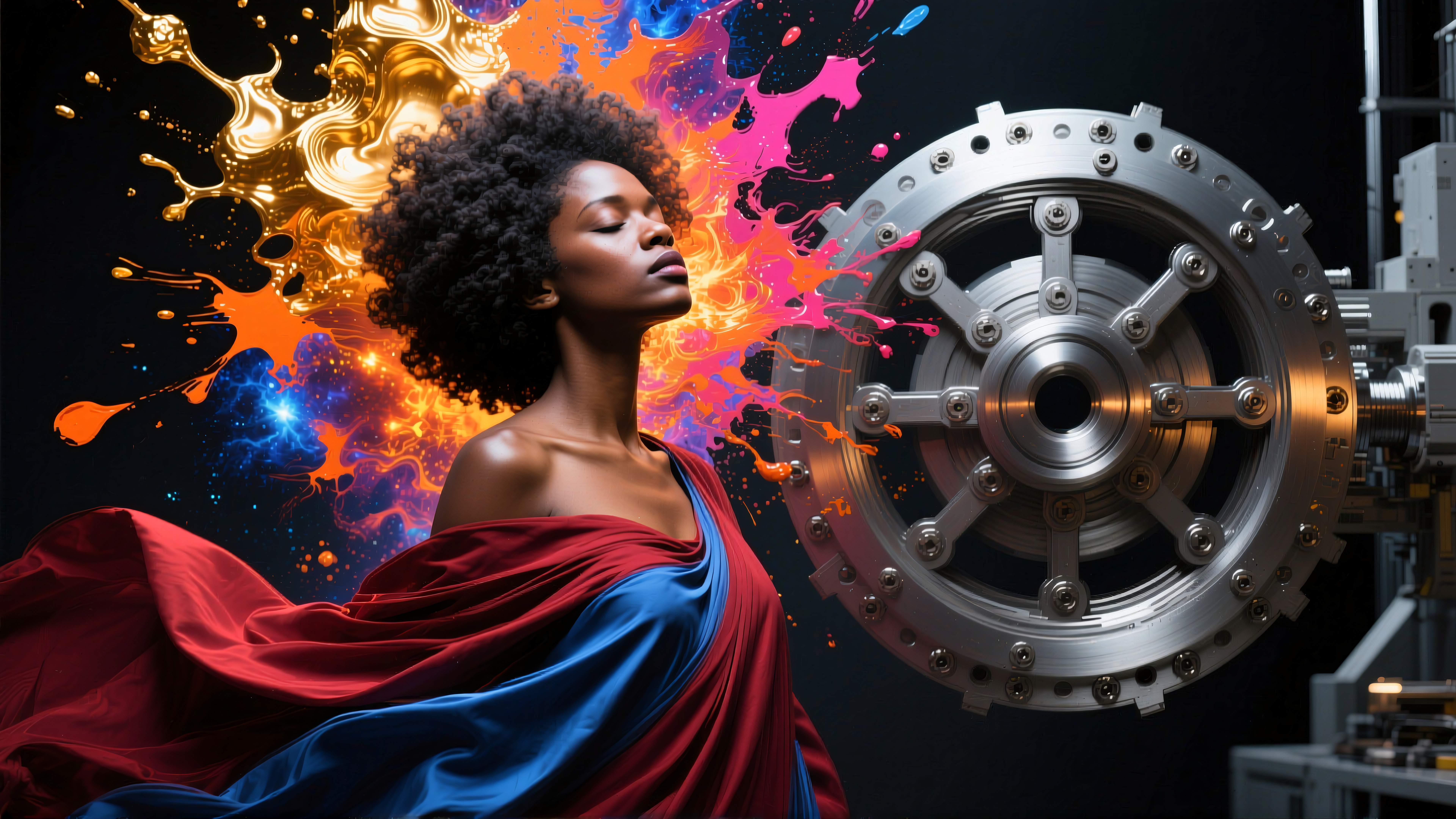 A woman stands before a large gear, enveloped in vibrant art splashes.