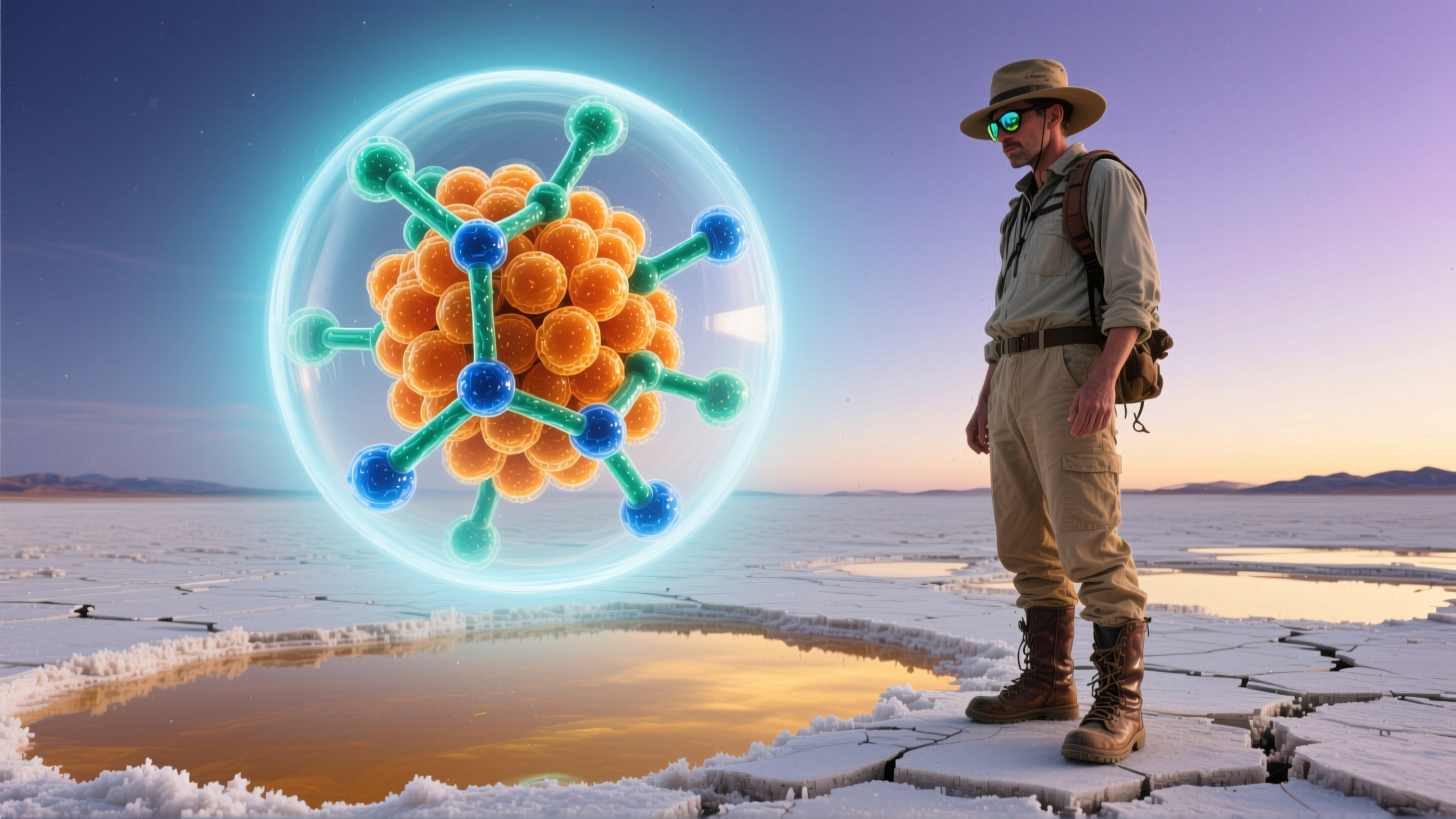 An explorer observes a mysterious glowing sphere floating over salt flats, under a vibrant sky.